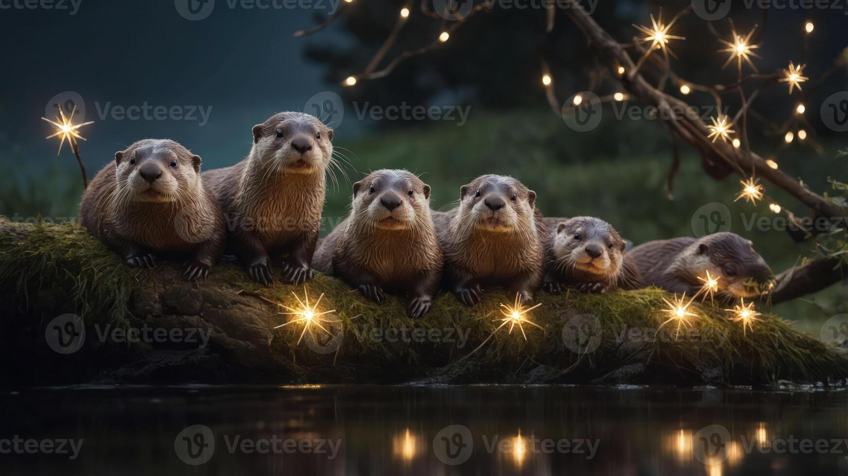 A charming group of otters sitting on a log adorned with twinkling lights by a serene waterway. photo
