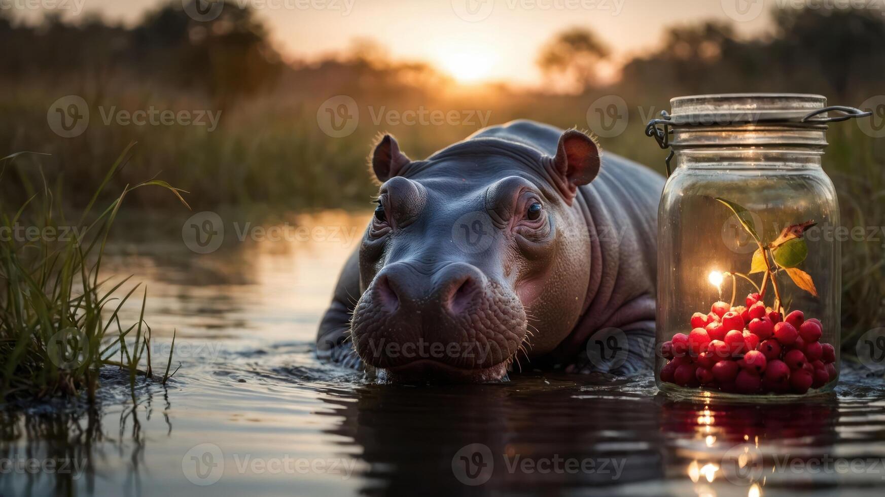 A hippo in a serene landscape with a glowing jar of cherries at sunset. photo