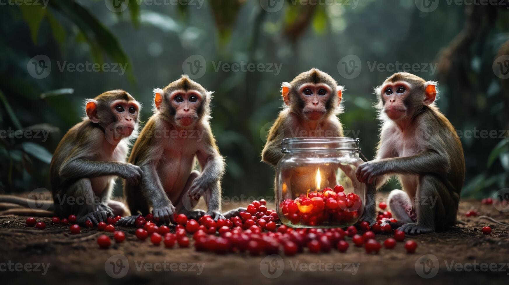 Four monkeys gathered around a jar of tomatoes in a lush, green environment. photo