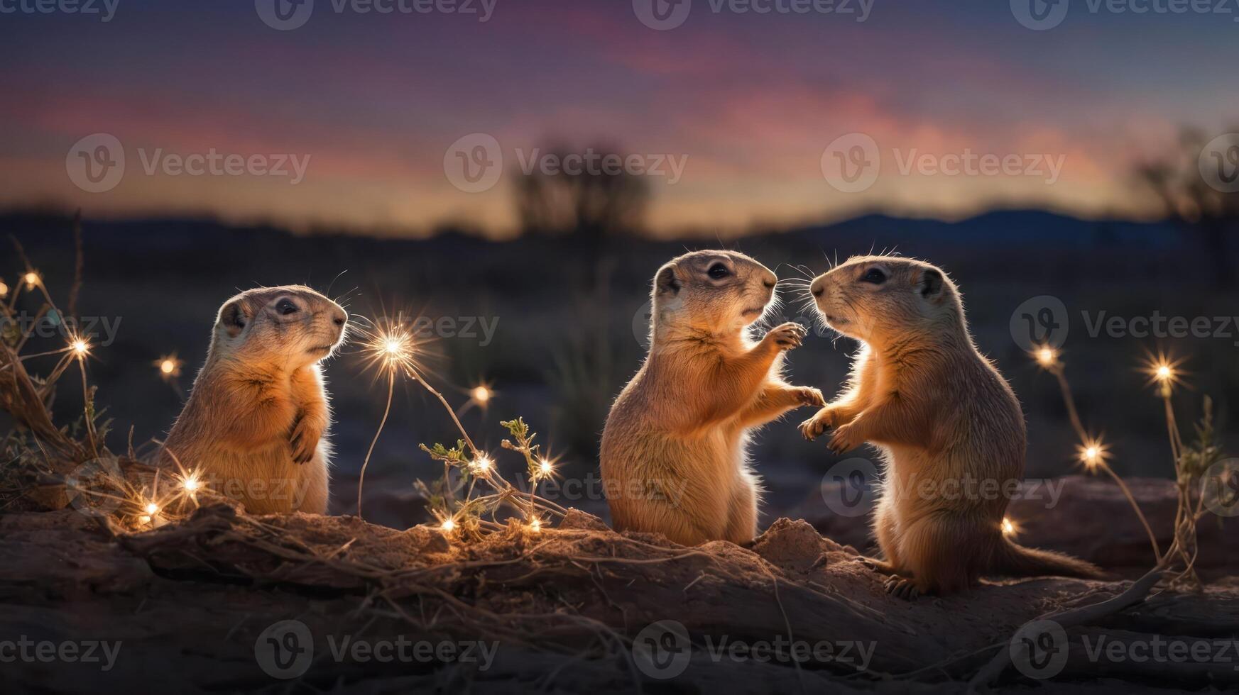 Three prairie dogs play with glowing lights at sunset in a serene landscape. photo