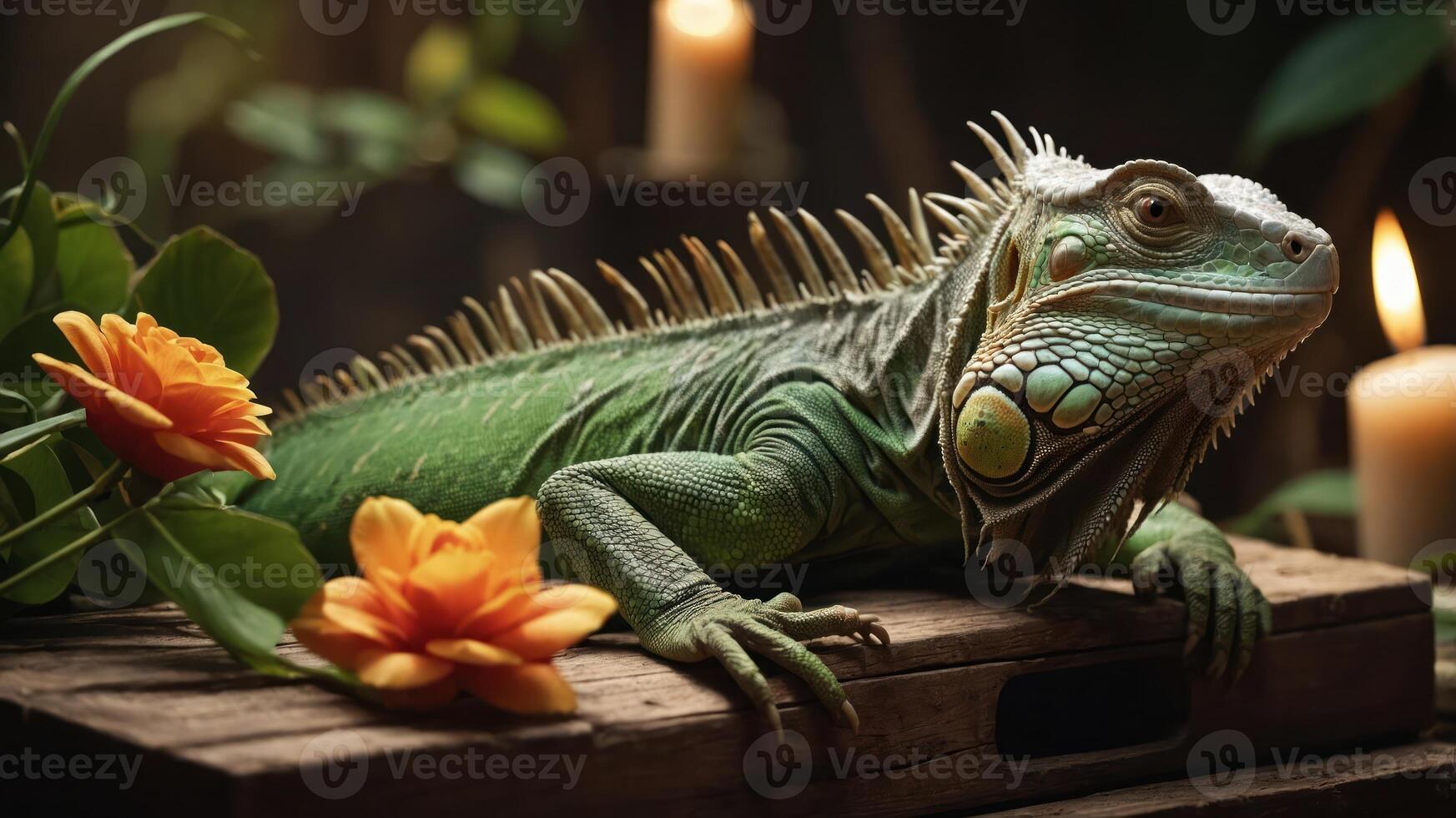 A vibrant iguana rests on a wooden crate surrounded by flowers and candles, creating a serene vibe. photo