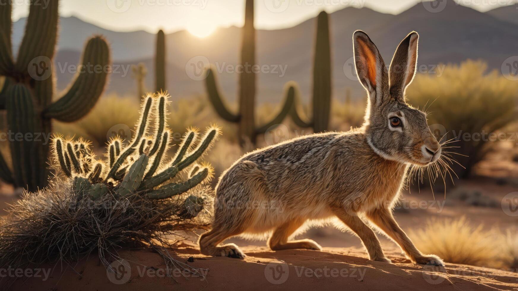 A rabbit in a desert landscape at sunset, surrounded by cacti and mountains. photo