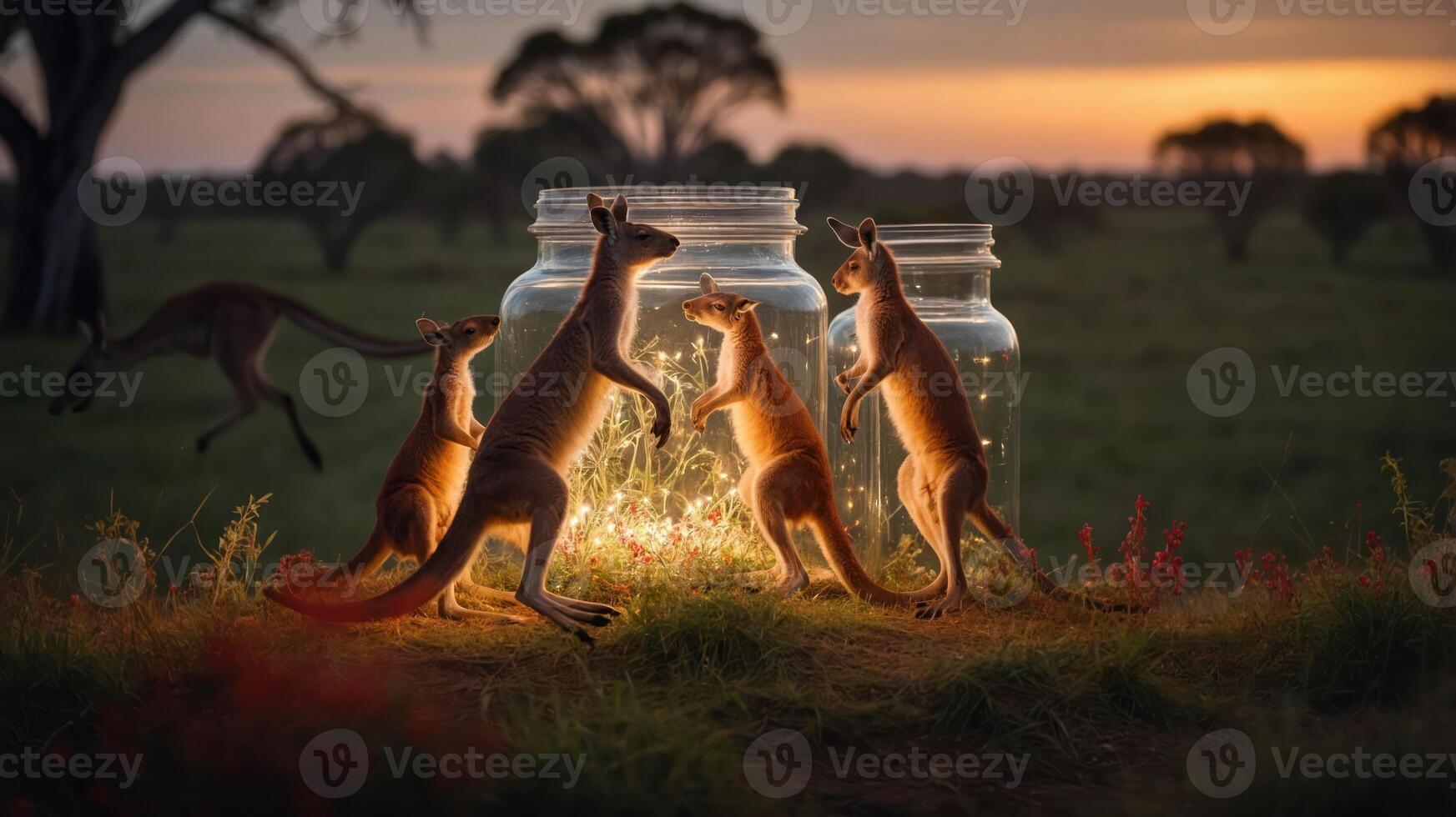 Kangaroos playfully interacting with glowing jars in a serene landscape at sunset. photo