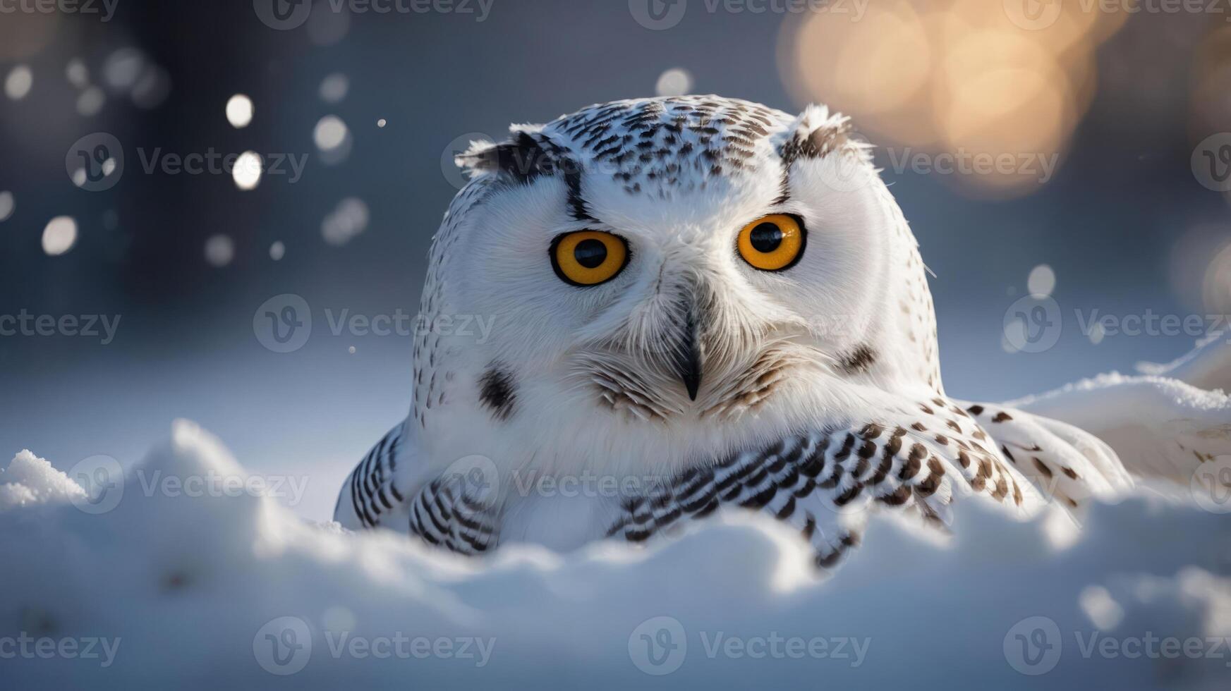 A snowy owl resting in a serene winter landscape, showcasing its striking features. photo