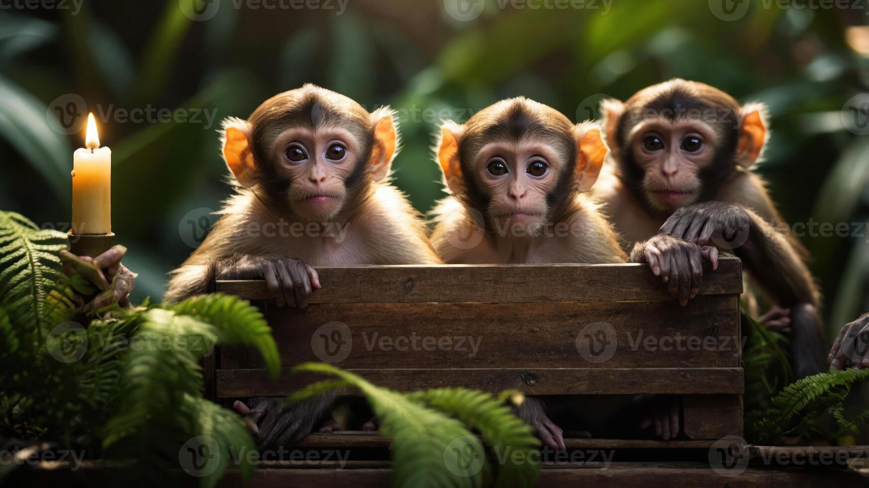 Three young monkeys sitting in a wooden crate surrounded by greenery and a candle. photo