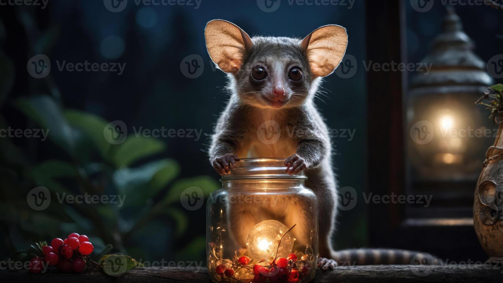 A cute animal holds a jar with a glowing light and berries, set in a nighttime environment. photo