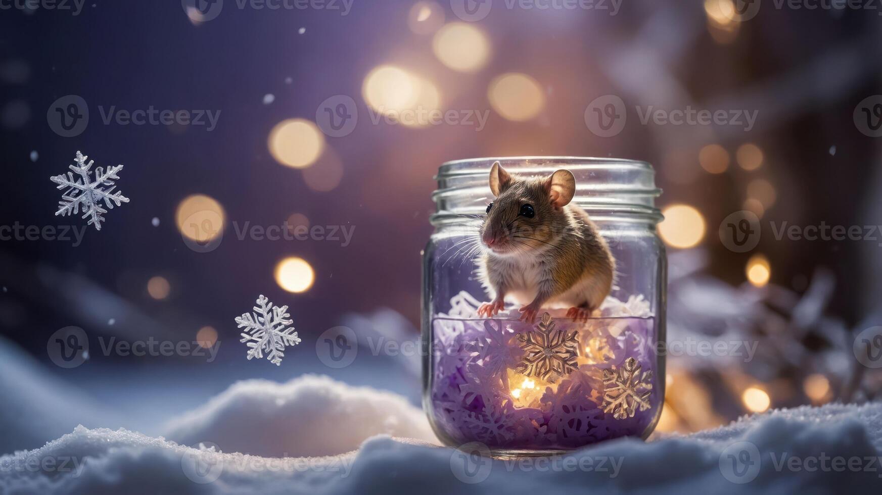 A cute mouse sits inside a jar, surrounded by snowflakes and soft lights in a winter scene. photo