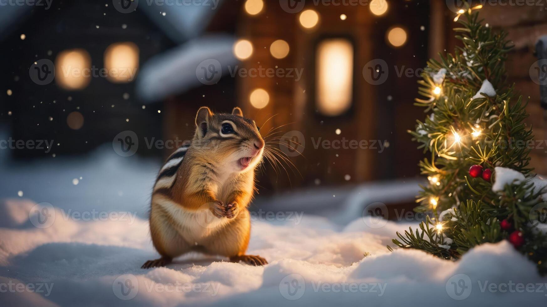 A chipmunk stands in the snow near a decorated tree, evoking a cozy winter scene. photo