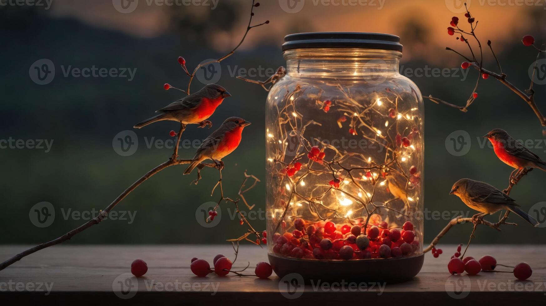 A jar filled with lights and berries, surrounded by birds at sunset. photo