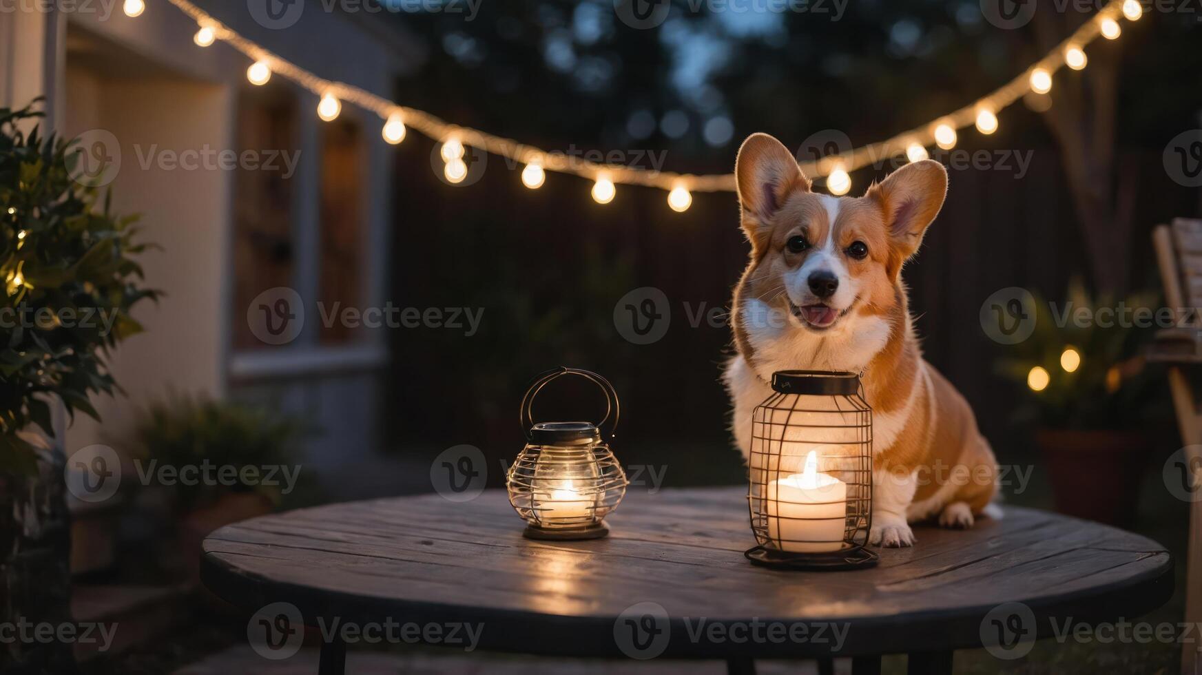 A cheerful corgi sits on a table with lanterns, surrounded by string lights in a cozy outdoor setting. photo
