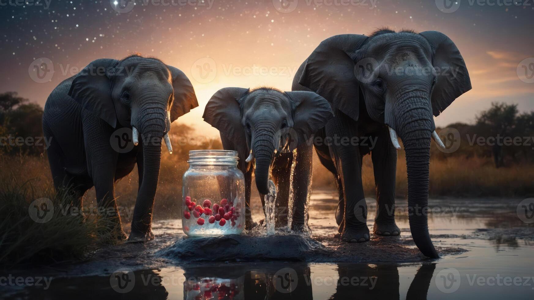 Three elephants near a jar of red berries at sunset in a serene landscape. photo