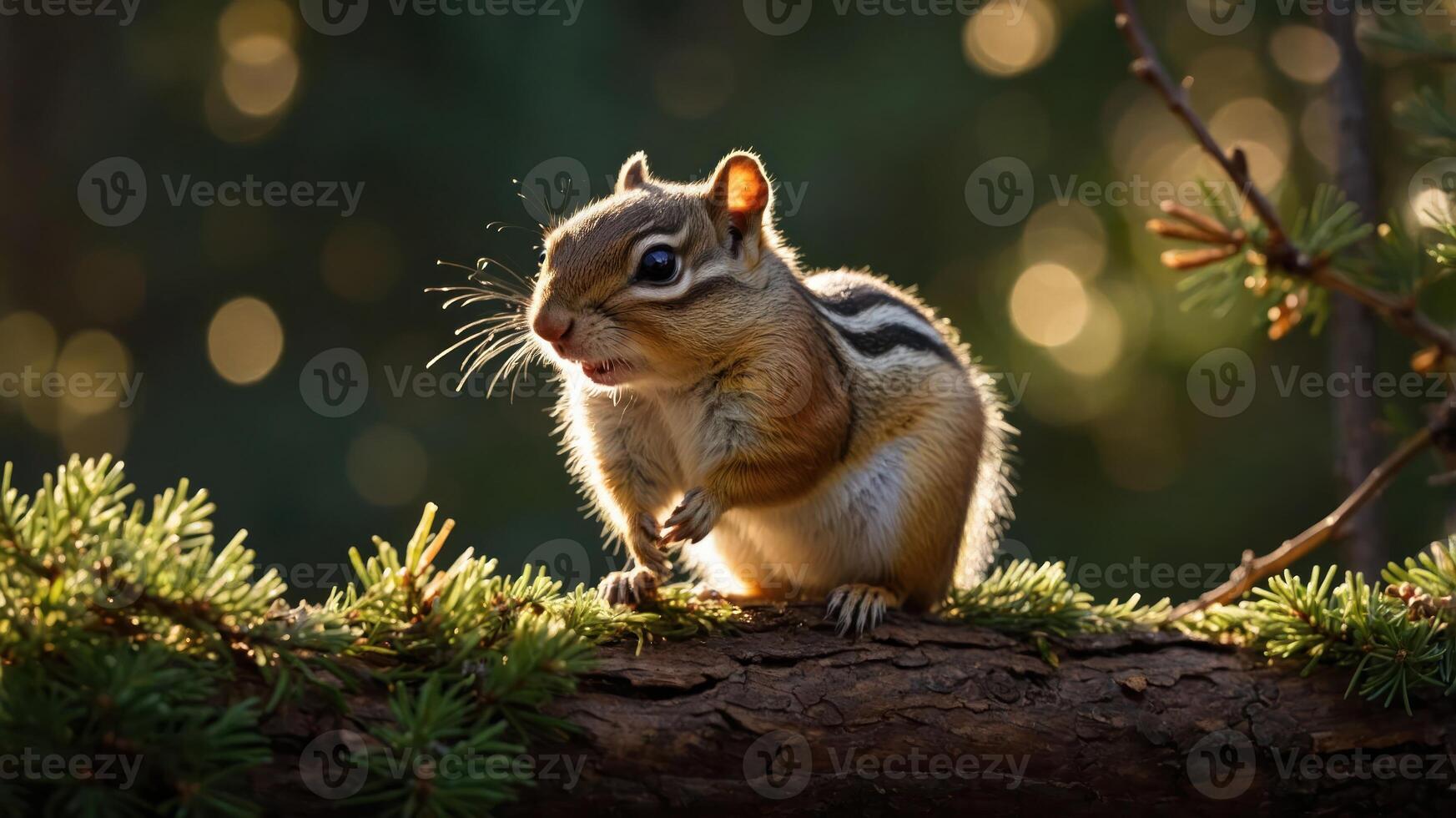 A chipmunk perched on a log with a blurred forest background, illuminated by soft light. photo