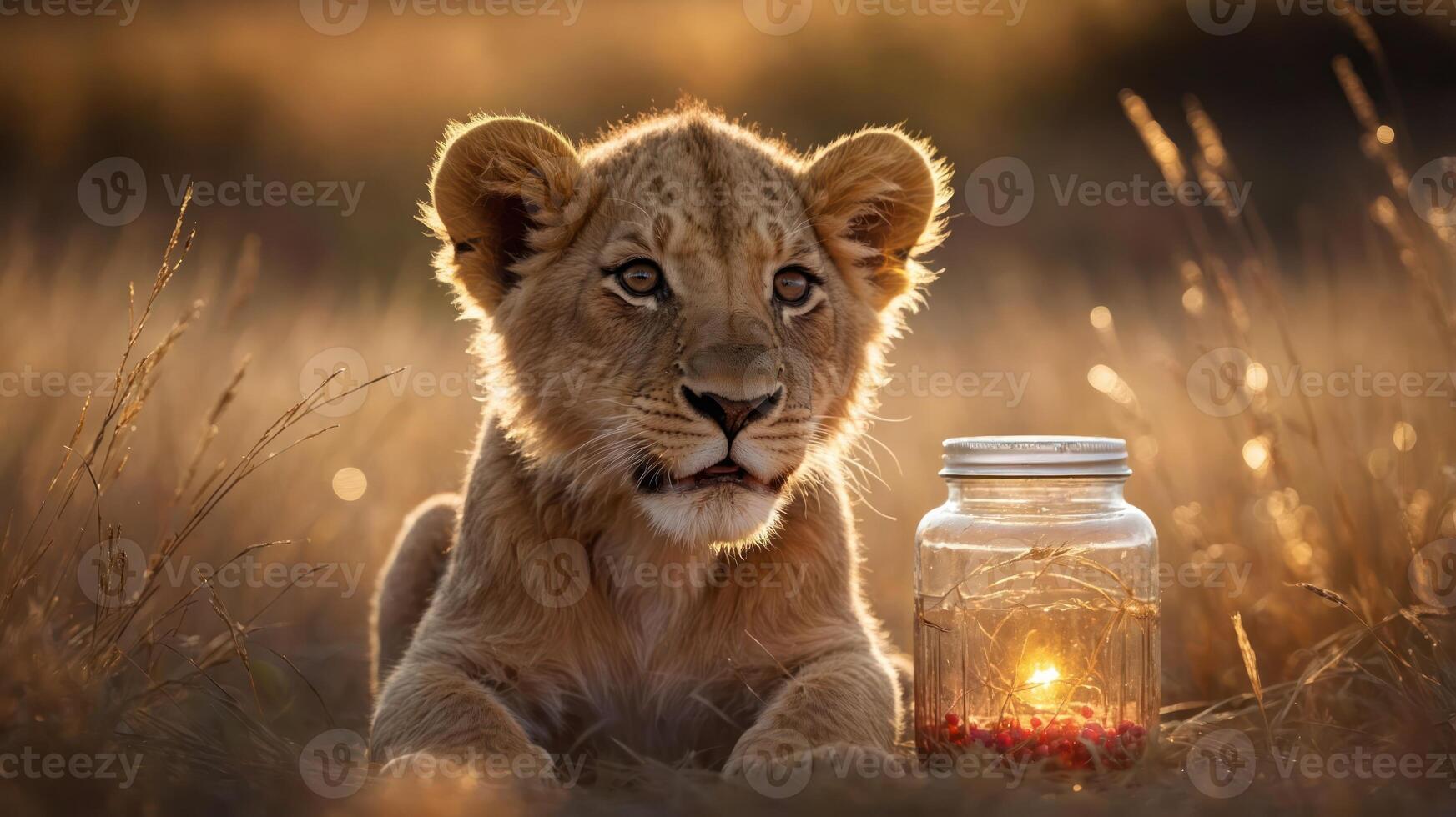 A lion cub rests beside a glowing jar in a golden grassland at sunset. photo