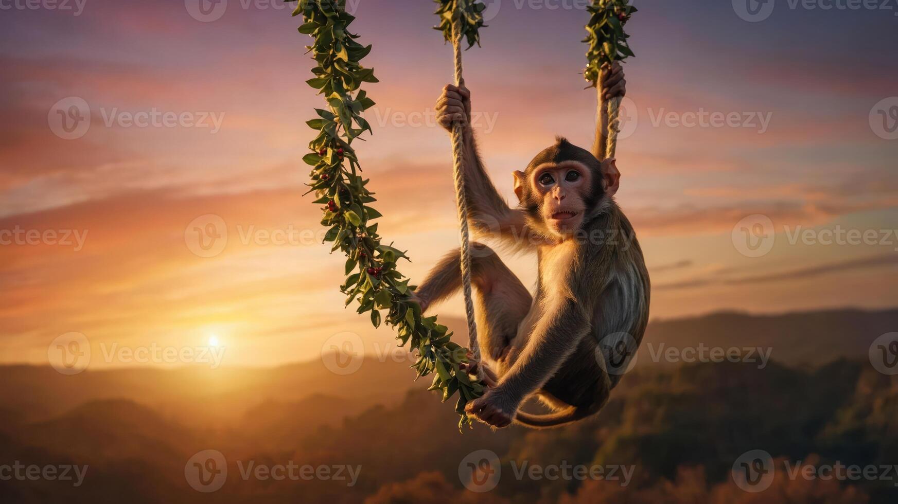 A monkey swings on a vine at sunset, surrounded by mountains and a colorful sky. photo