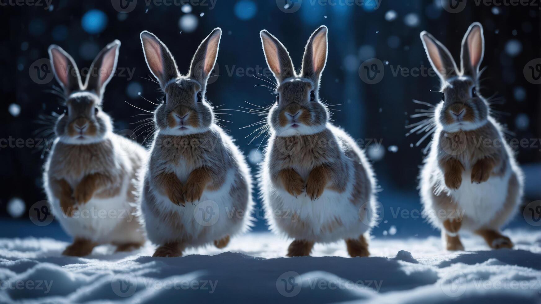 Four rabbits hopping through snow in a serene winter landscape. photo