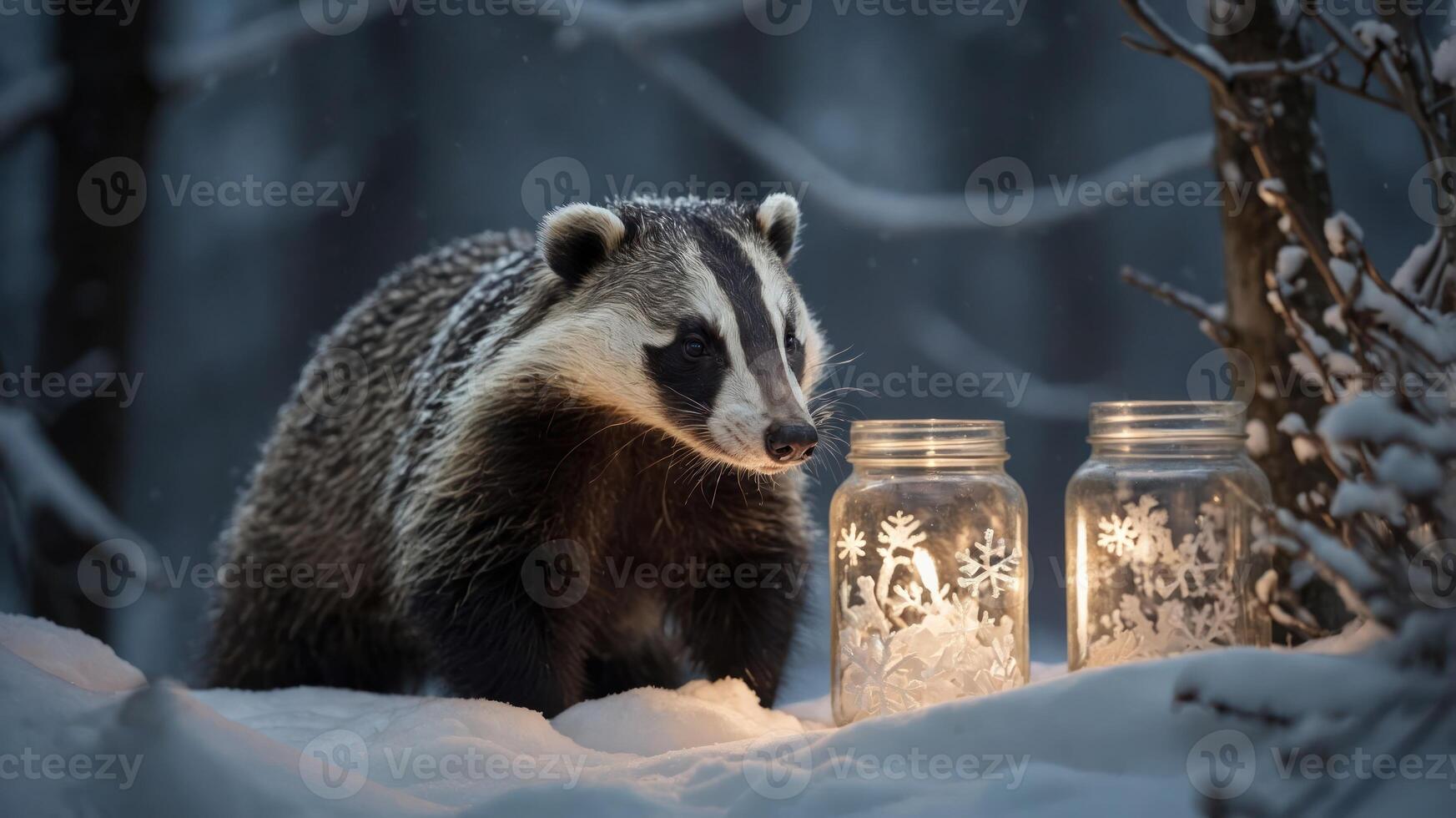 A badger explores a snowy landscape, illuminated by glowing jars. photo