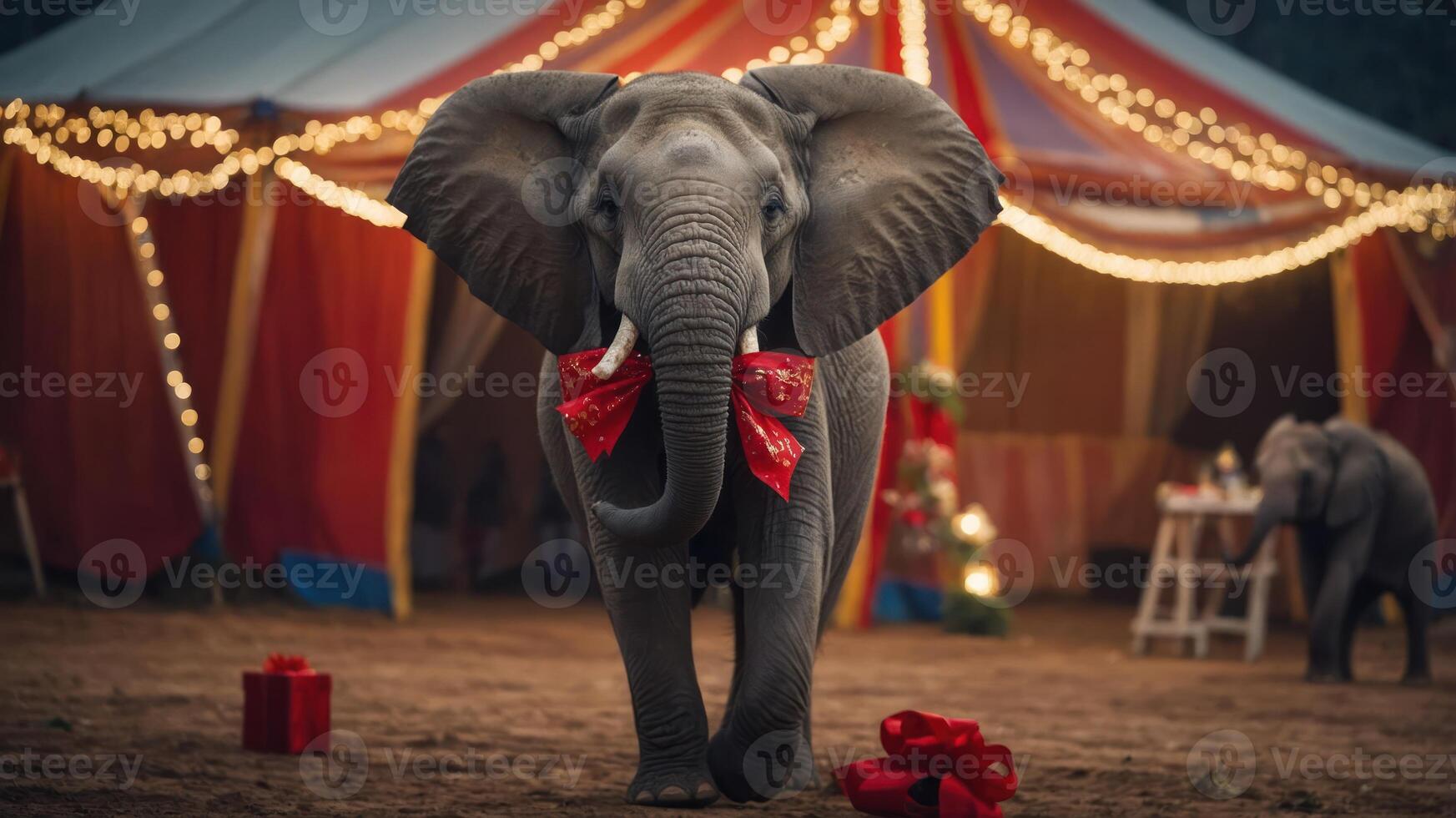An elephant adorned with ribbons walks in a festive circus setting. photo