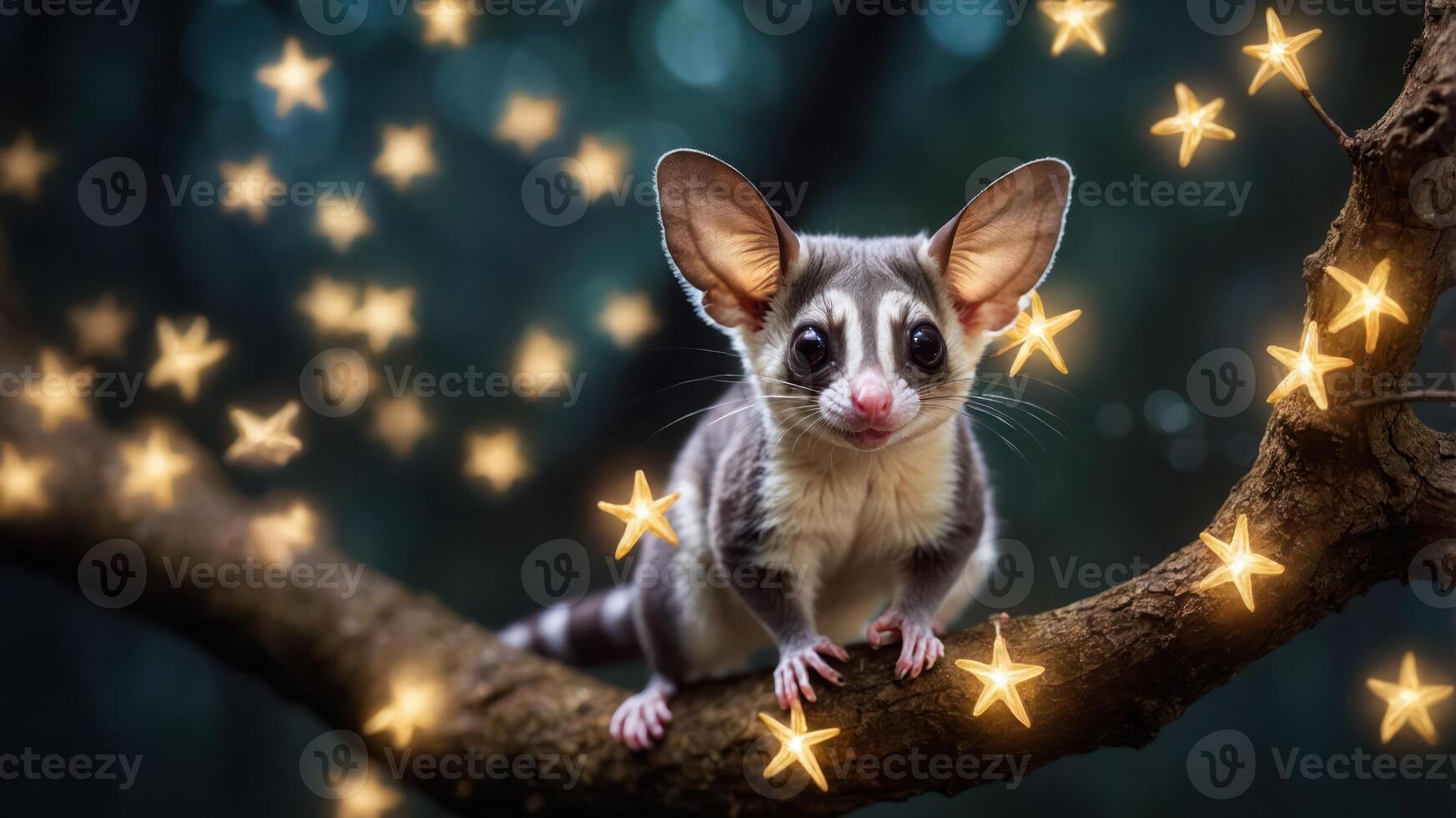 A cute sugar glider perched on a branch surrounded by glowing stars. photo