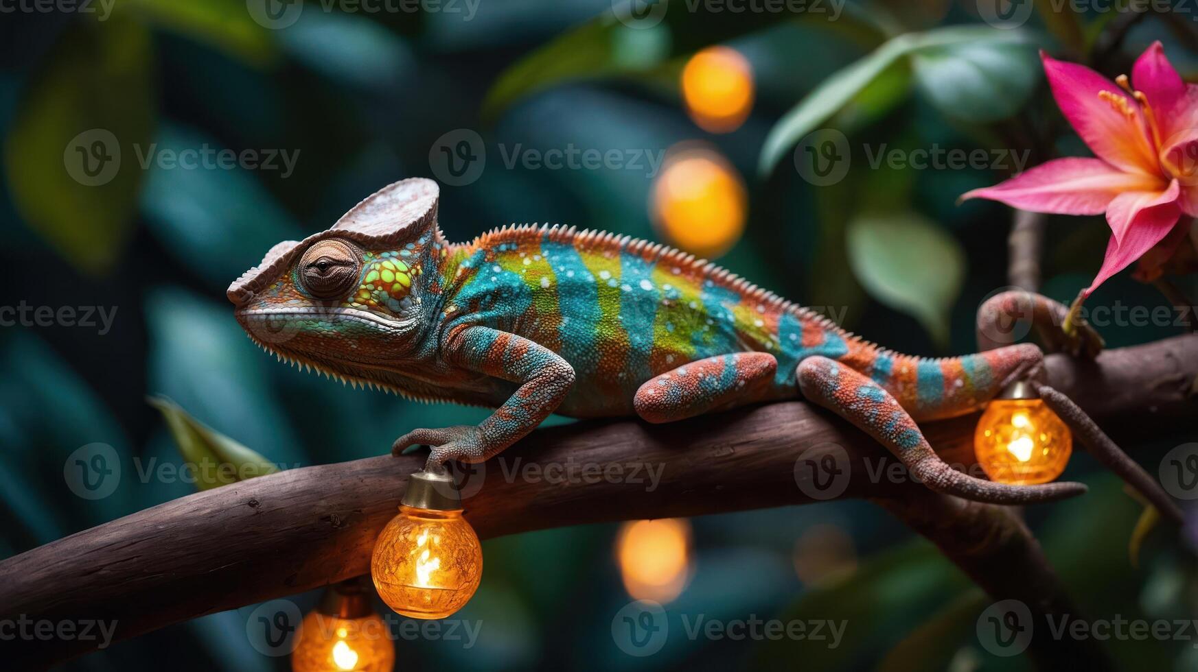 A colorful chameleon perched on a branch with decorative lights and a flower. photo