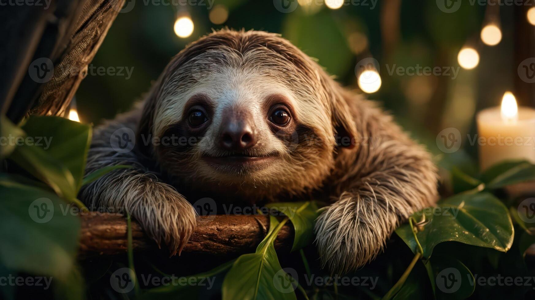 A close-up of a sloth resting on a branch surrounded by greenery and soft lighting. photo