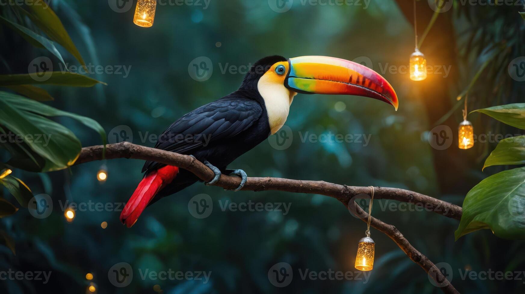 A vibrant toucan perched on a branch amidst lush greenery and glowing lights. photo