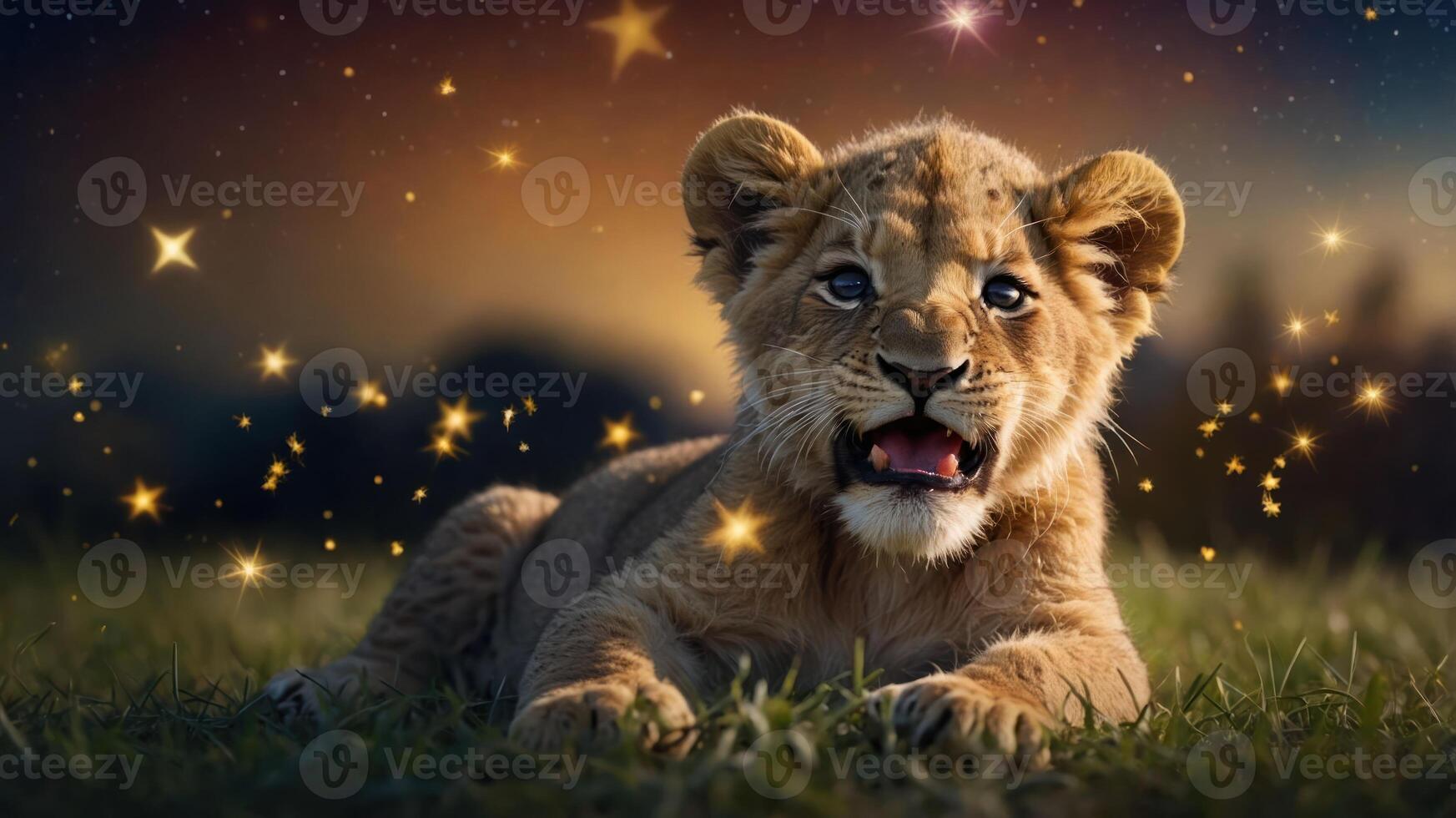 A playful lion cub surrounded by a starry background, evoking a magical atmosphere. photo