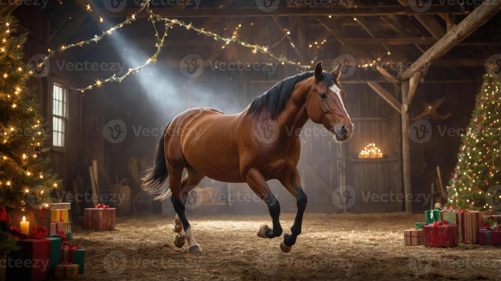 A horse runs joyfully in a festive barn decorated for Christmas. photo