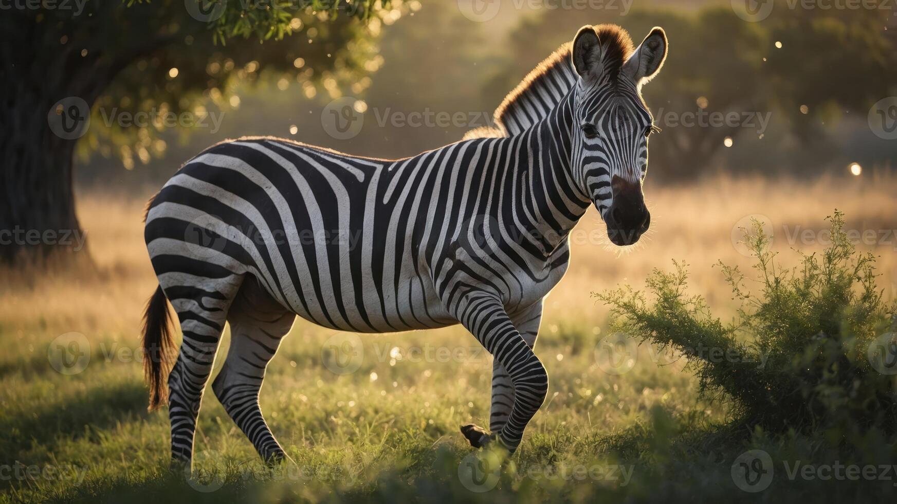 A zebra stands gracefully in a sunlit field, showcasing its striking black and white stripes. photo