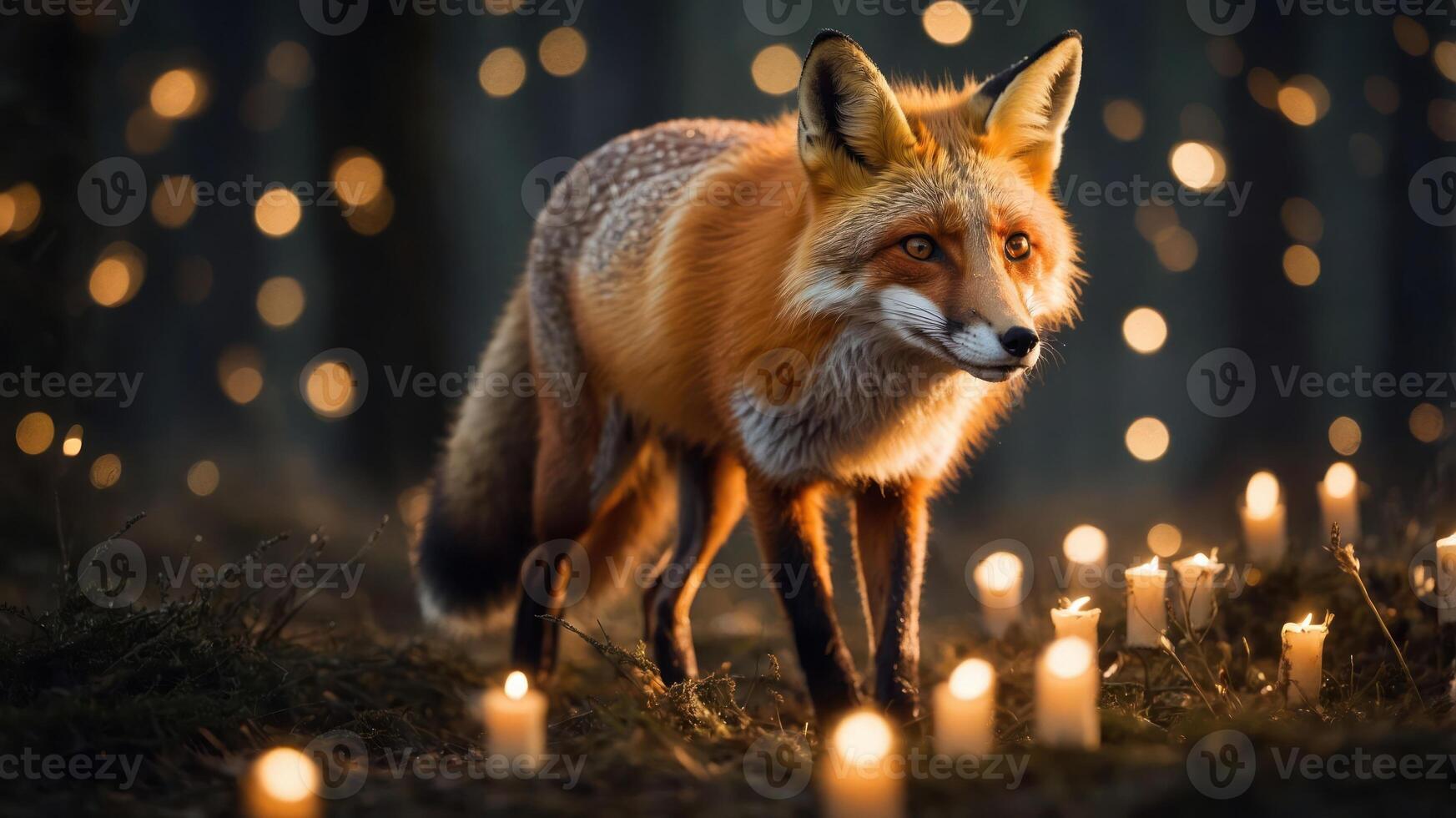 A fox walking among candles in a mystical forest setting. photo