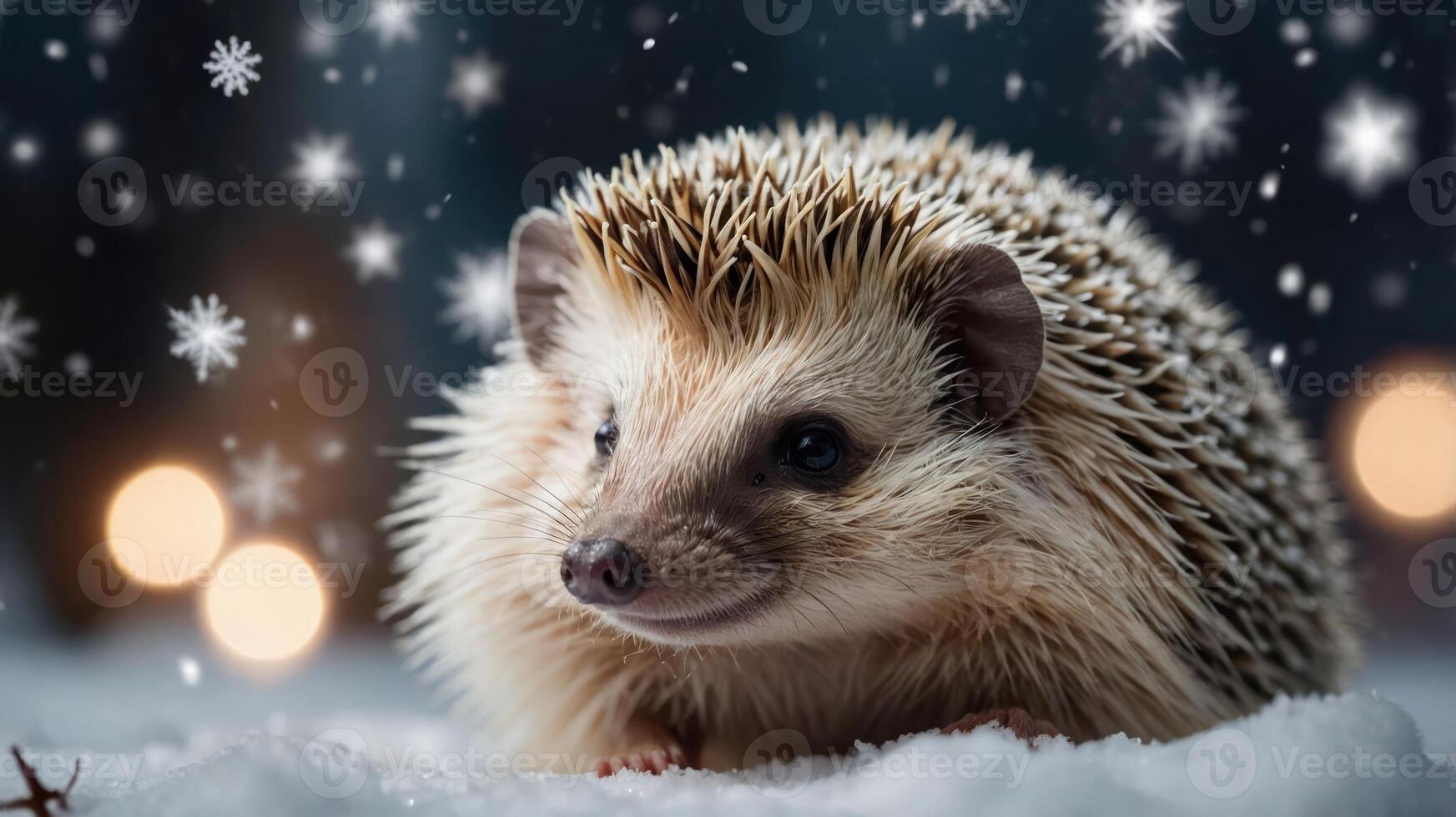 A cute hedgehog in a snowy setting with falling snowflakes and soft glowing lights. photo