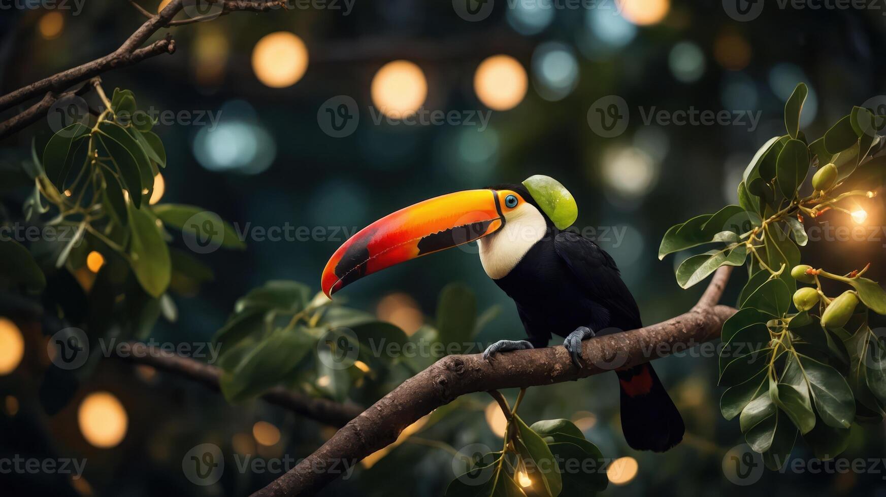 A toucan perched on a branch amidst greenery and glowing lights. photo