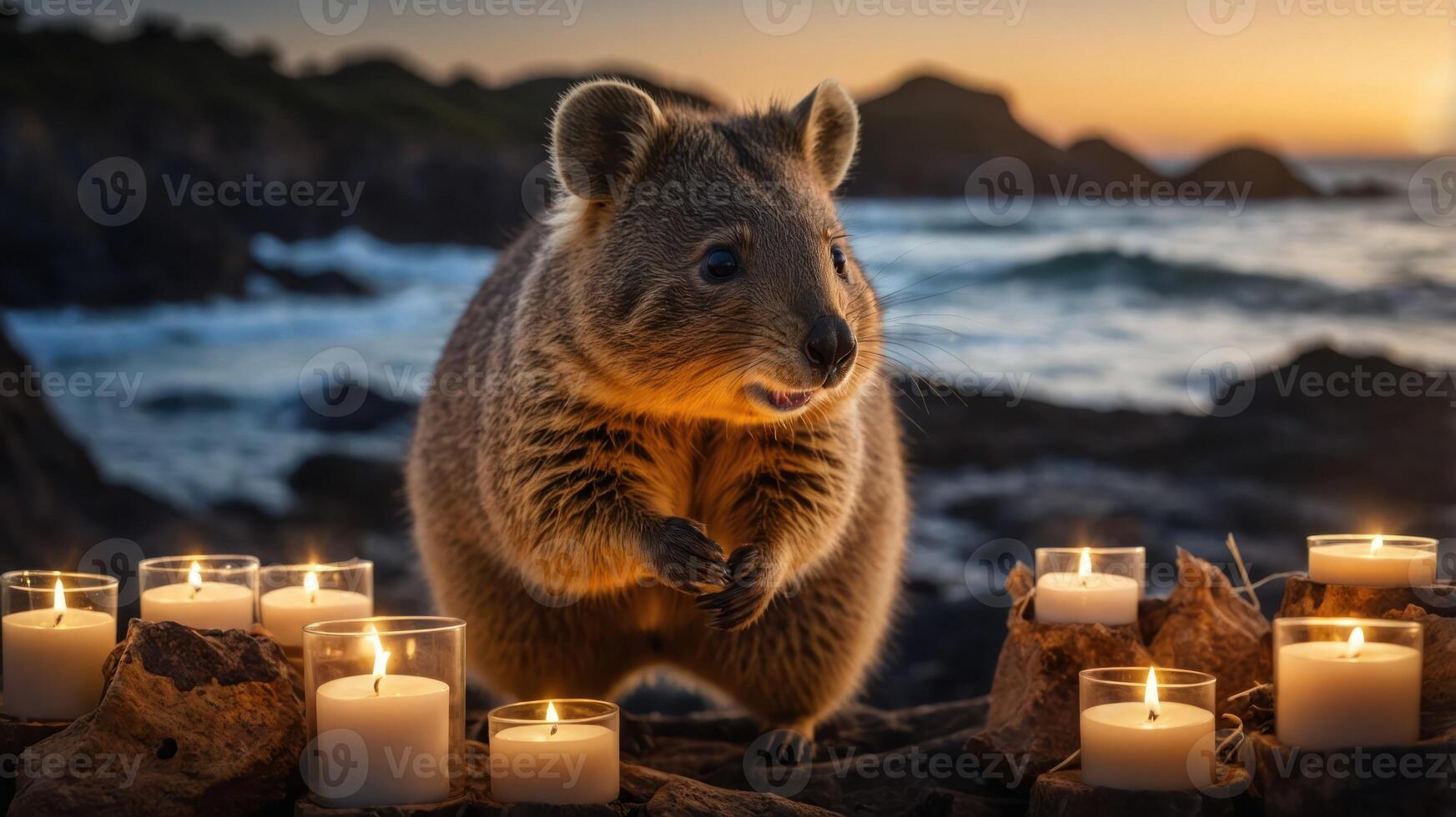 A quokka surrounded by candles at sunset by the ocean. photo