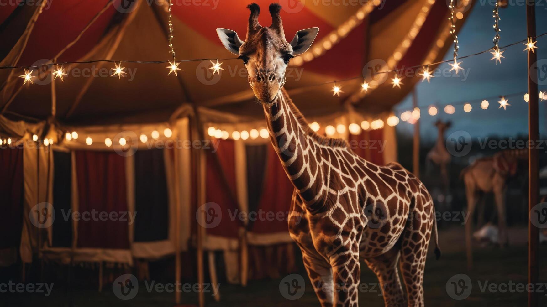 A giraffe stands under a circus tent adorned with string lights, creating a whimsical atmosphere. photo