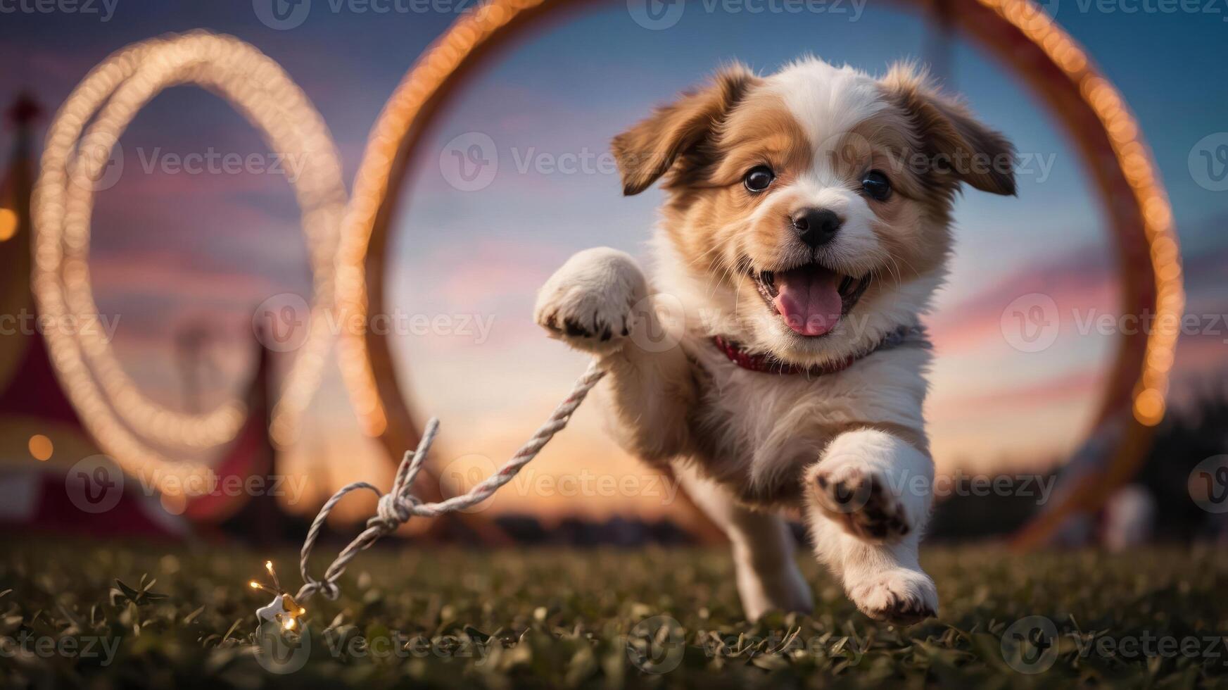 A playful puppy runs joyfully in a park, surrounded by glowing hoops at sunset. photo