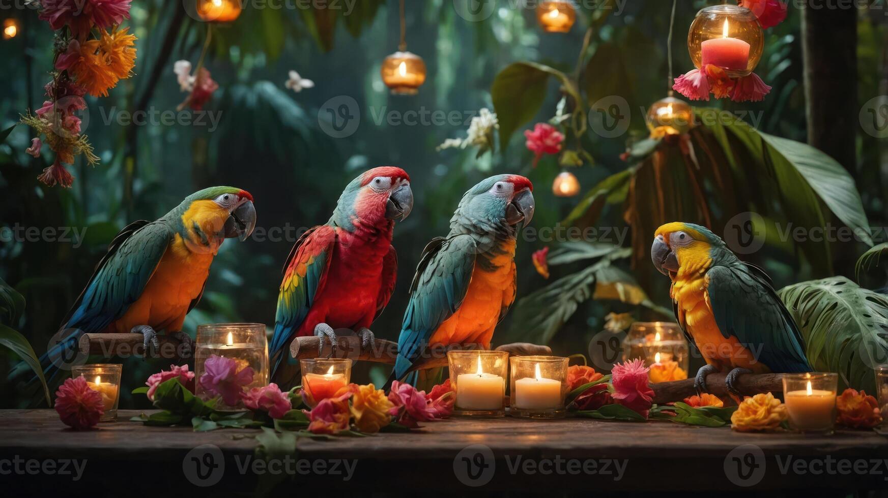 A colorful gathering of parrots surrounded by candles and flowers in a lush jungle setting. photo
