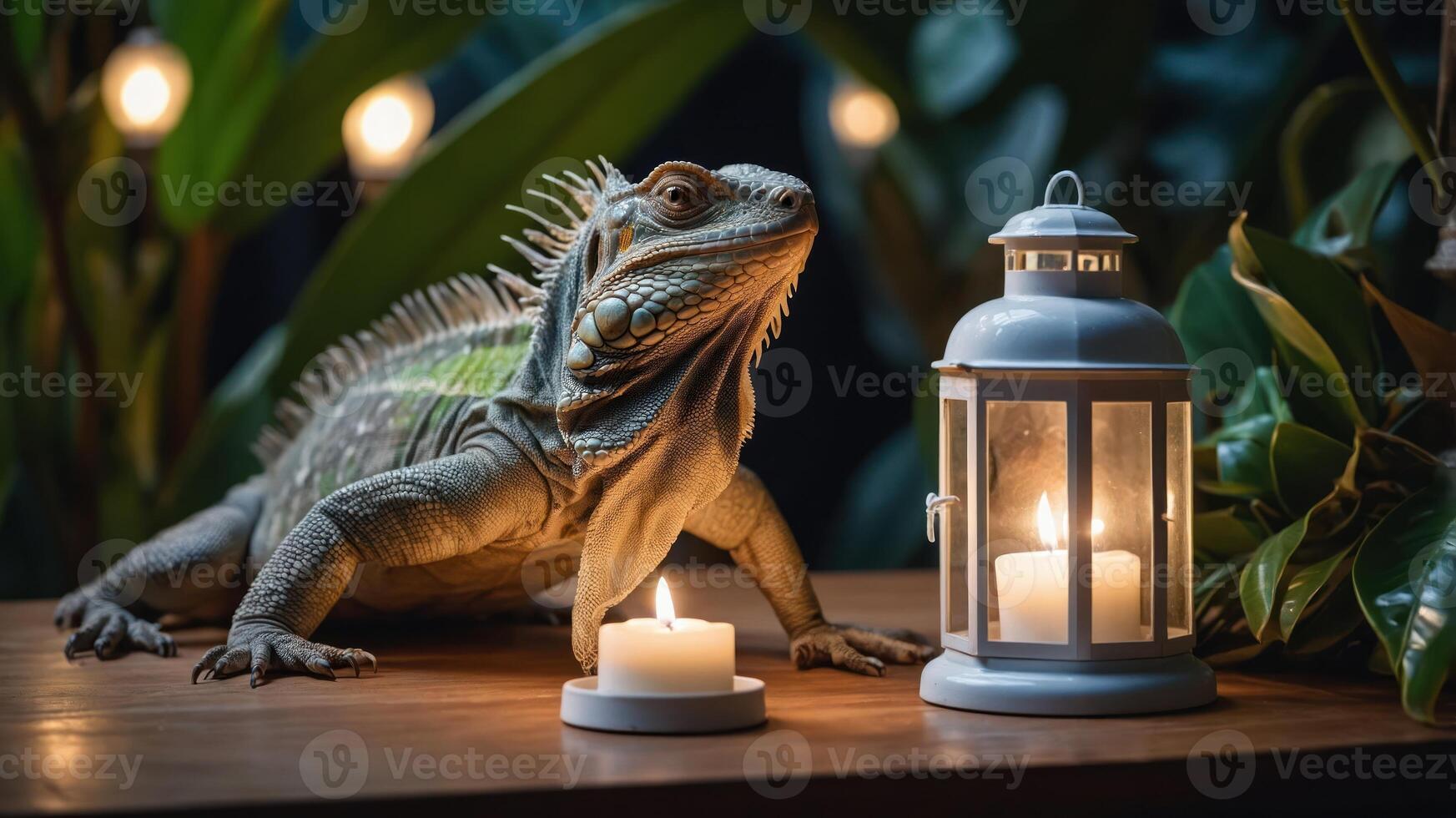 A lizard rests beside candles and a lantern amidst lush greenery. photo