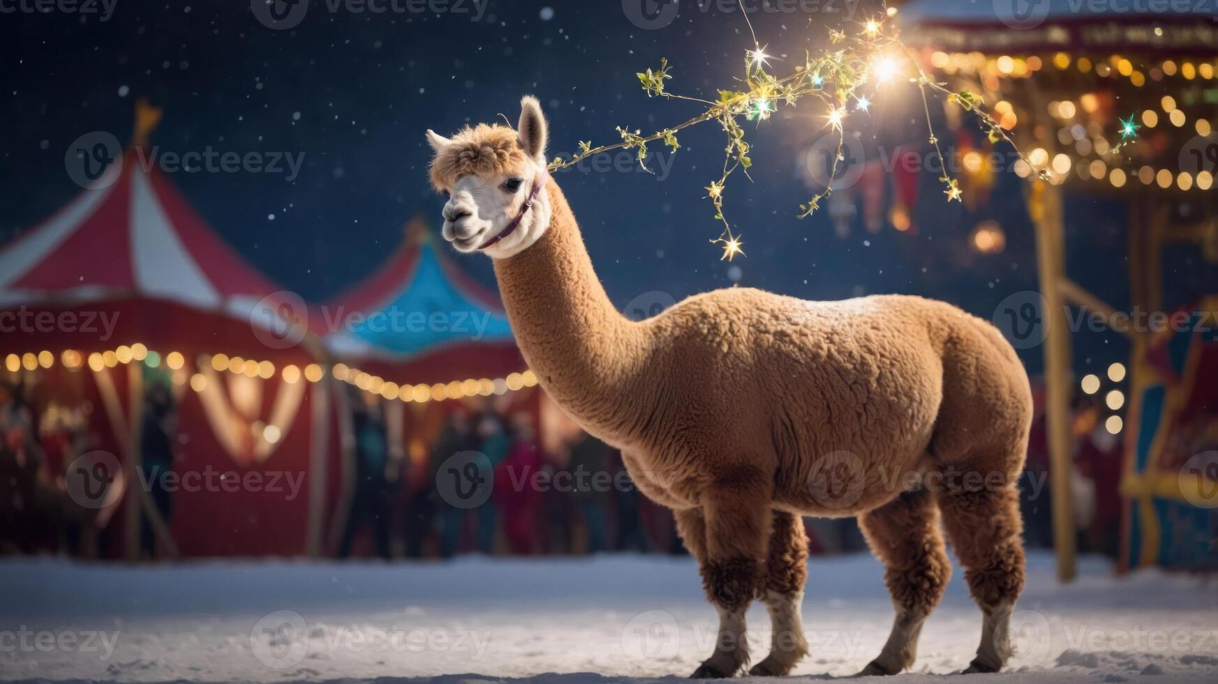 A festive alpaca stands in the snow near a colorful carnival at night. photo