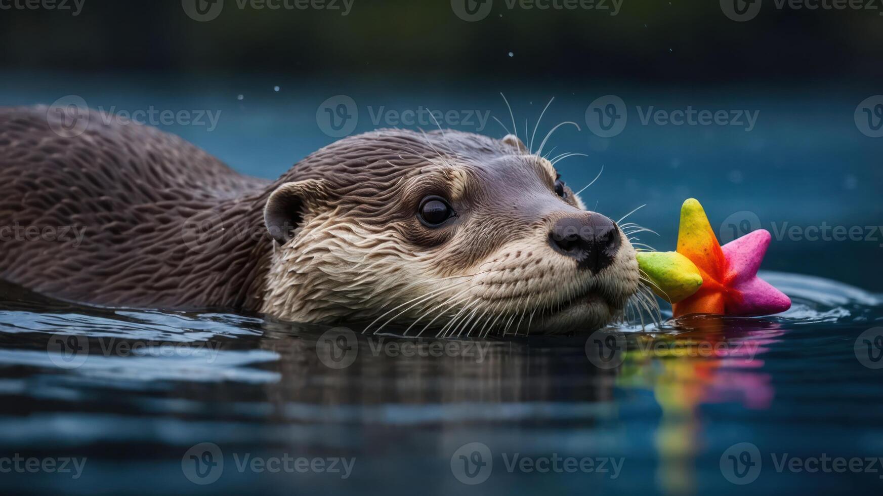 A playful otter swimming with a colorful toy in a serene water setting. photo