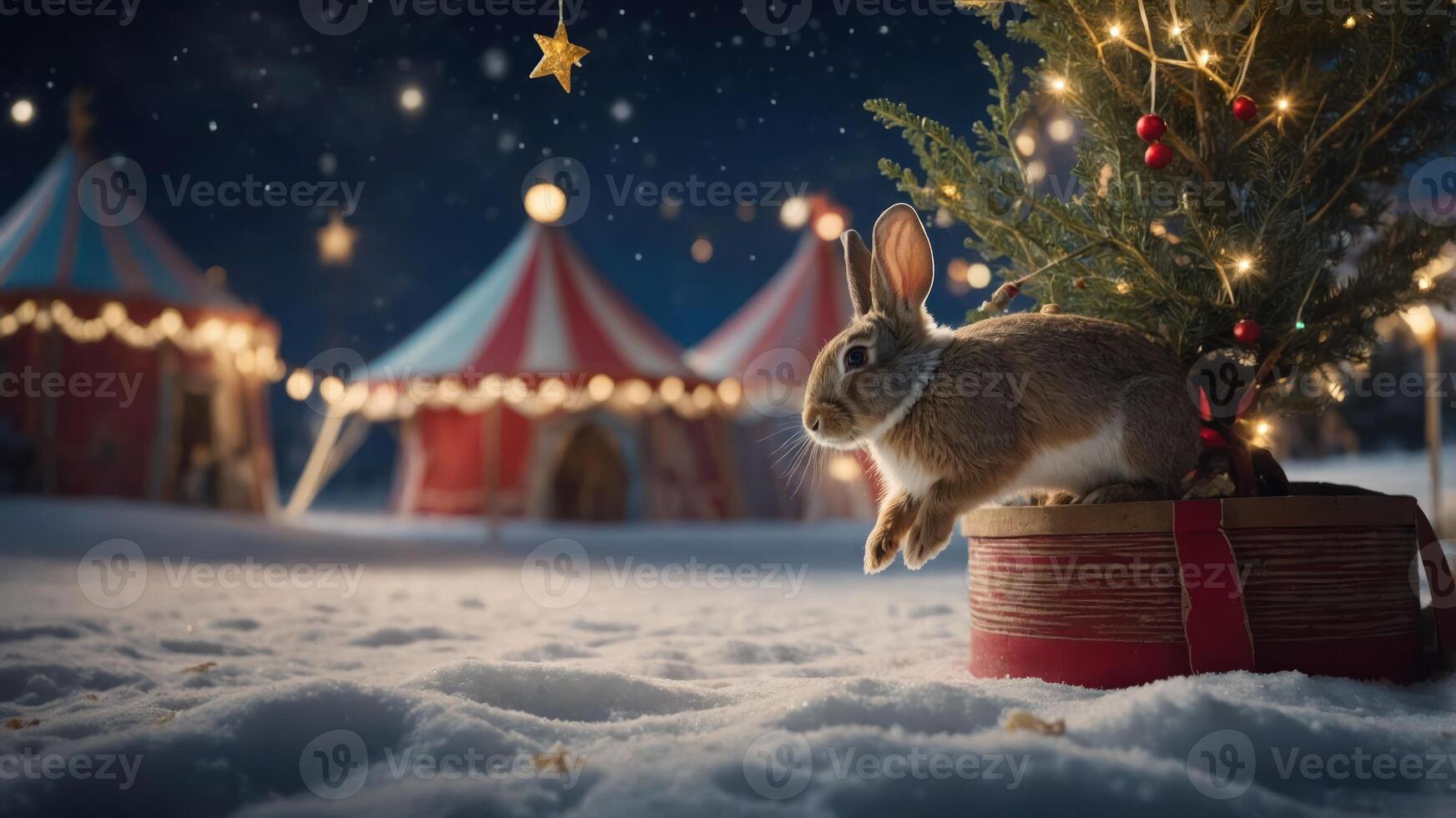 A rabbit leaps from a gift box near a decorated Christmas tree in a snowy circus setting. photo