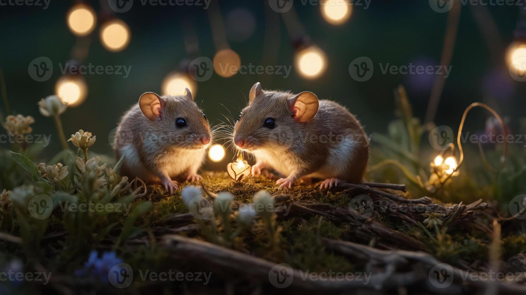 Two adorable mice sit amidst flowers and soft lights, creating a whimsical atmosphere. photo
