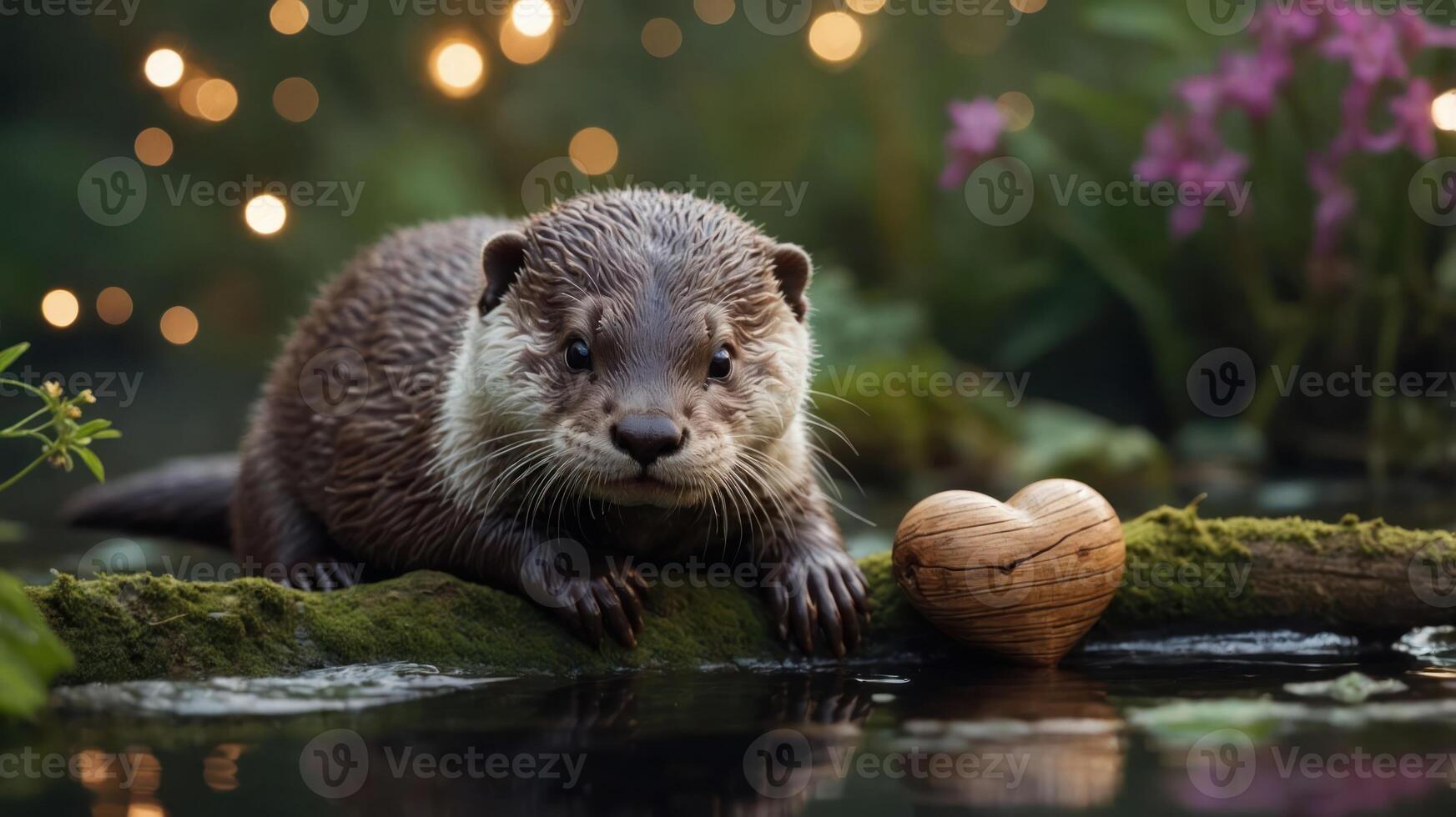A cute otter sits by a pond, beside a heart-shaped stone, surrounded by flowers and lights. photo