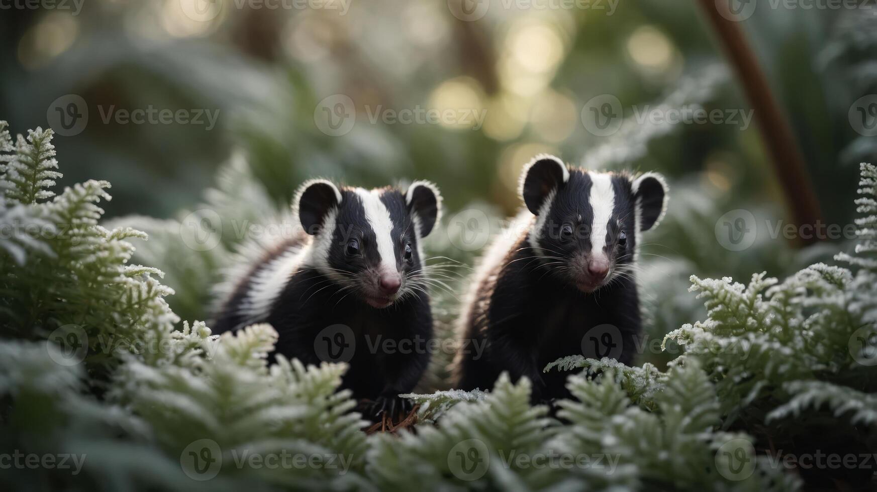 Two adorable striped animals among lush green ferns in a serene forest setting. photo