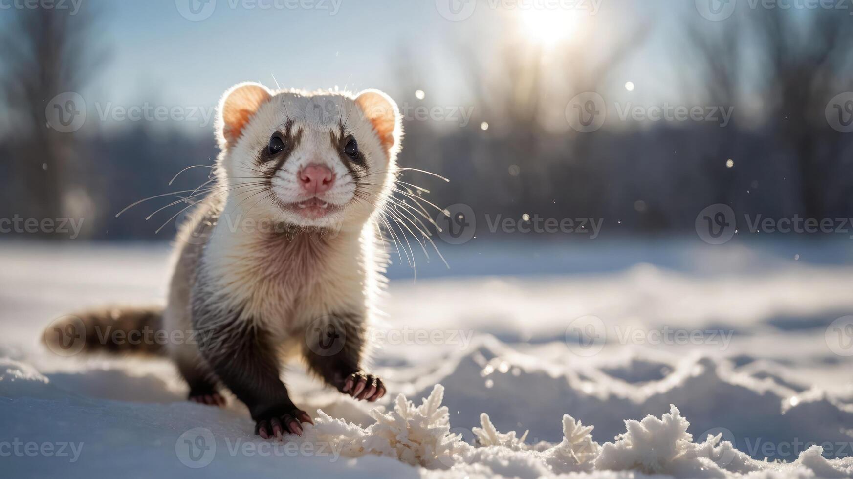 A playful ferret exploring a snowy landscape under a bright sun. photo