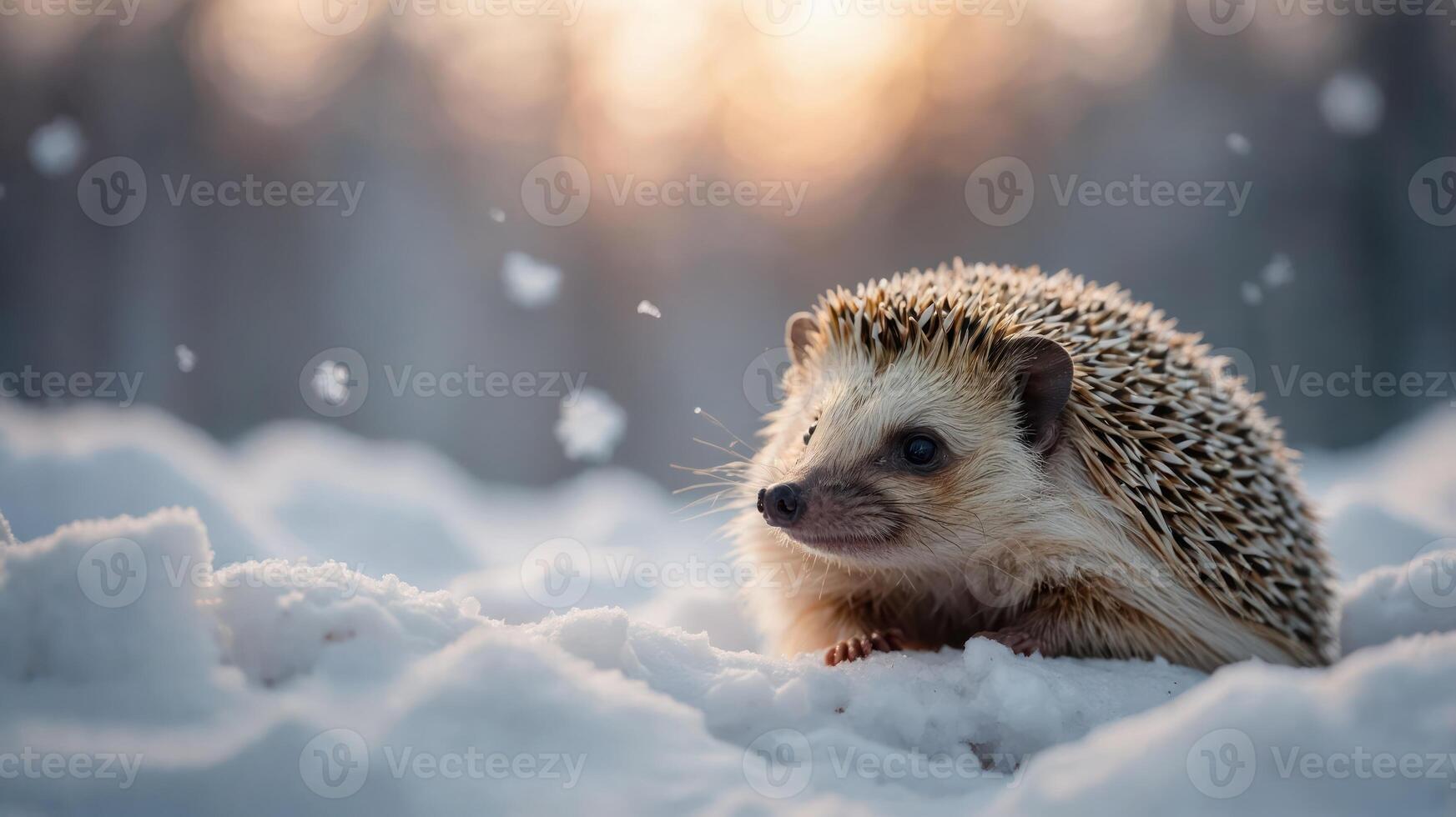 A hedgehog in the snow, surrounded by falling snowflakes during a serene winter scene. photo