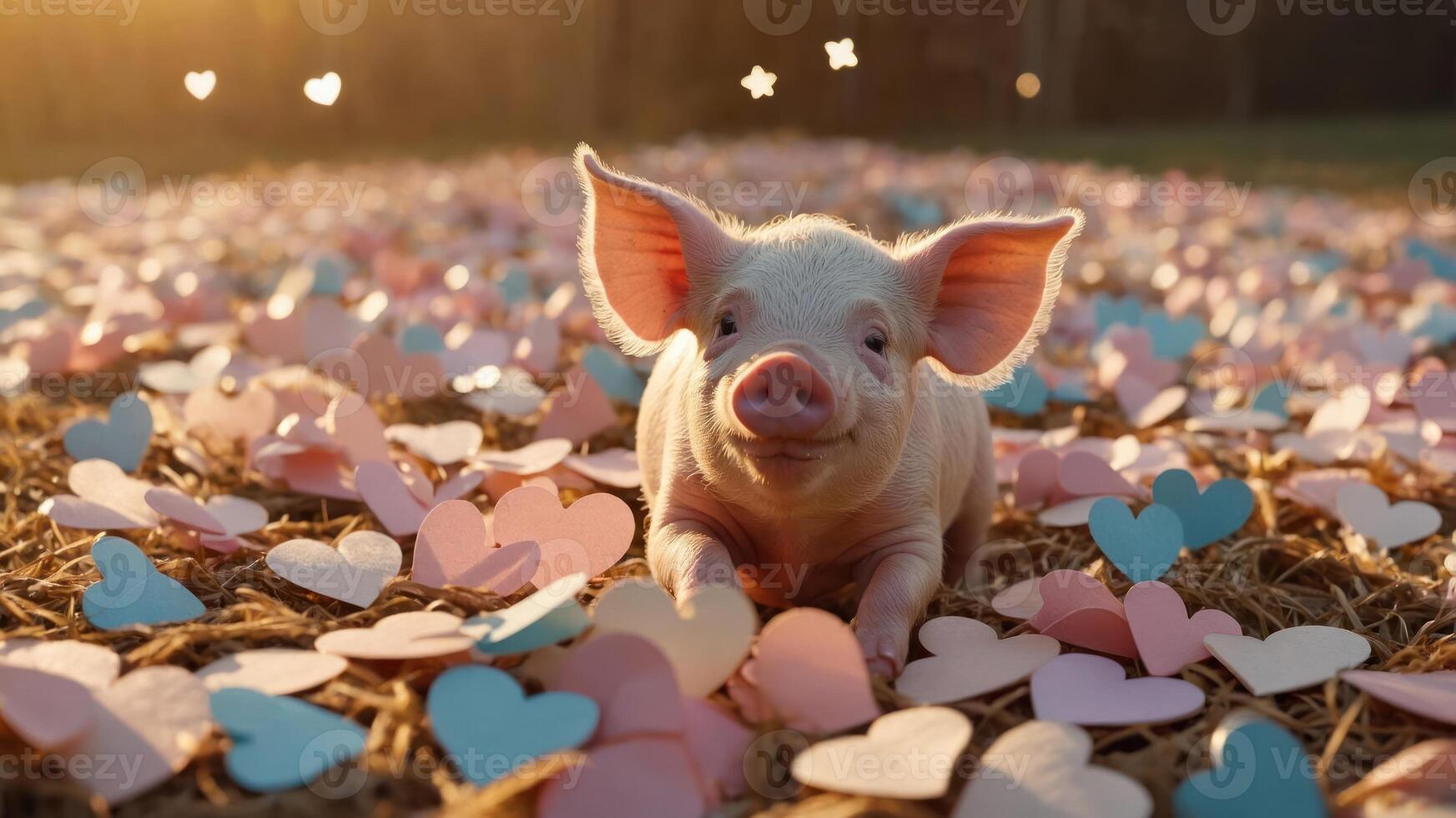 A cute piglet lying on colorful heart-shaped decorations in a serene outdoor setting. photo