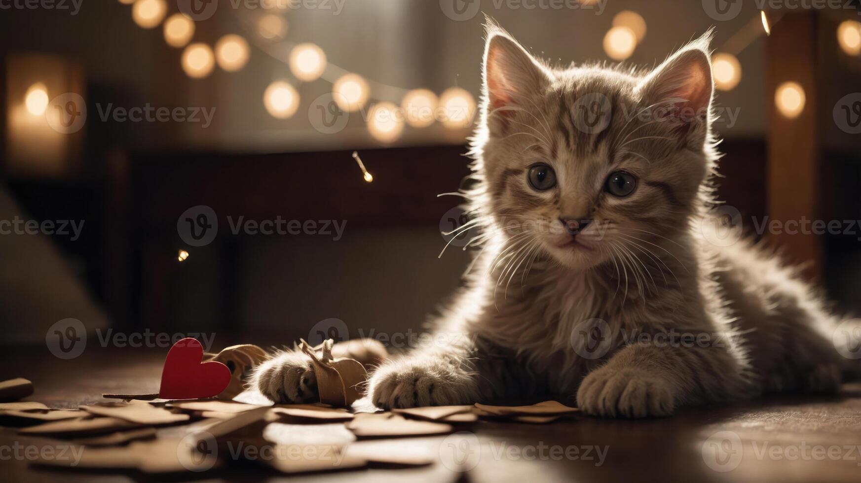 A playful kitten explores scattered cardboard shapes in a cozy, softly lit room. photo