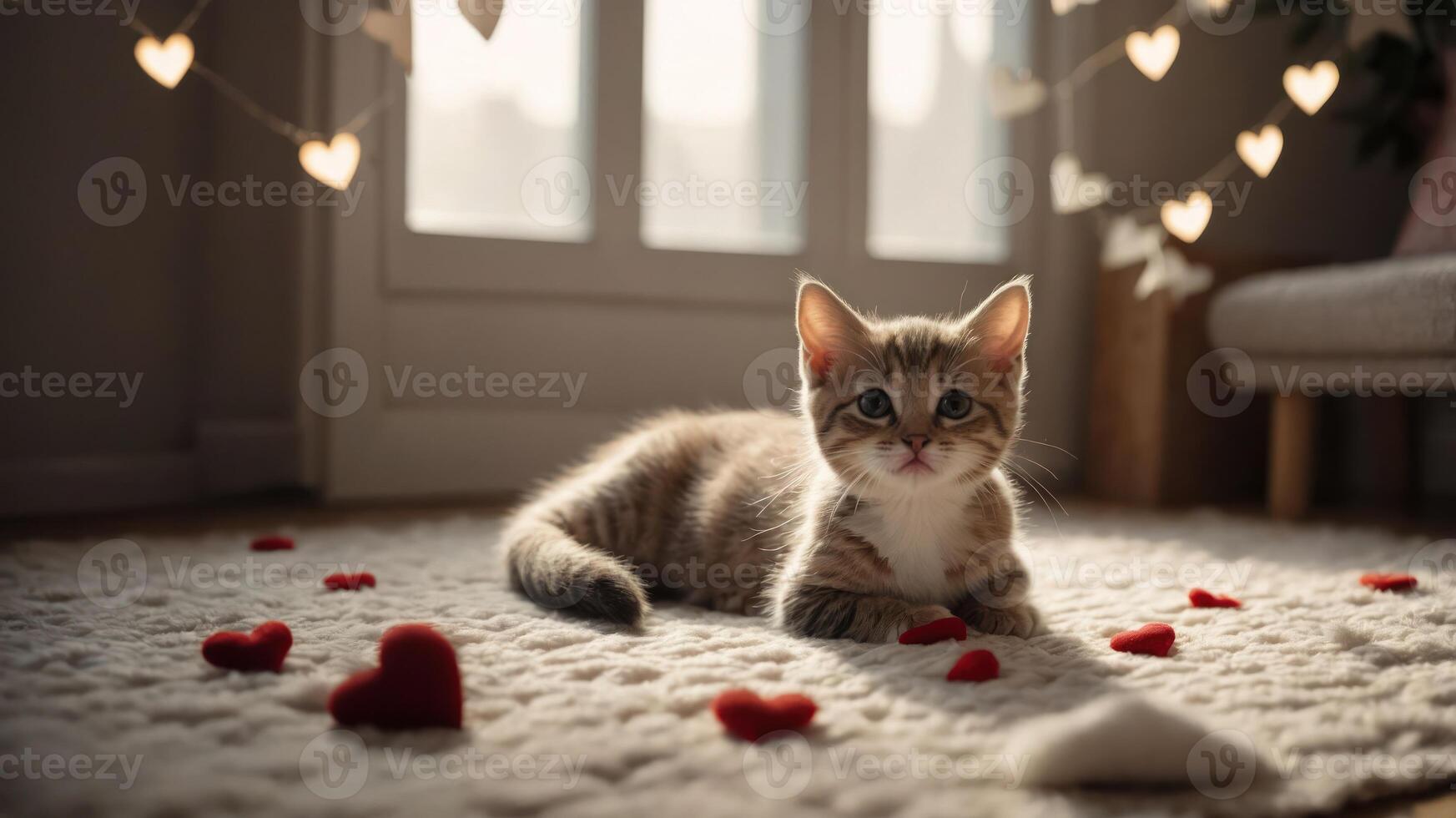 A playful kitten surrounded by heart decorations on a cozy rug. photo