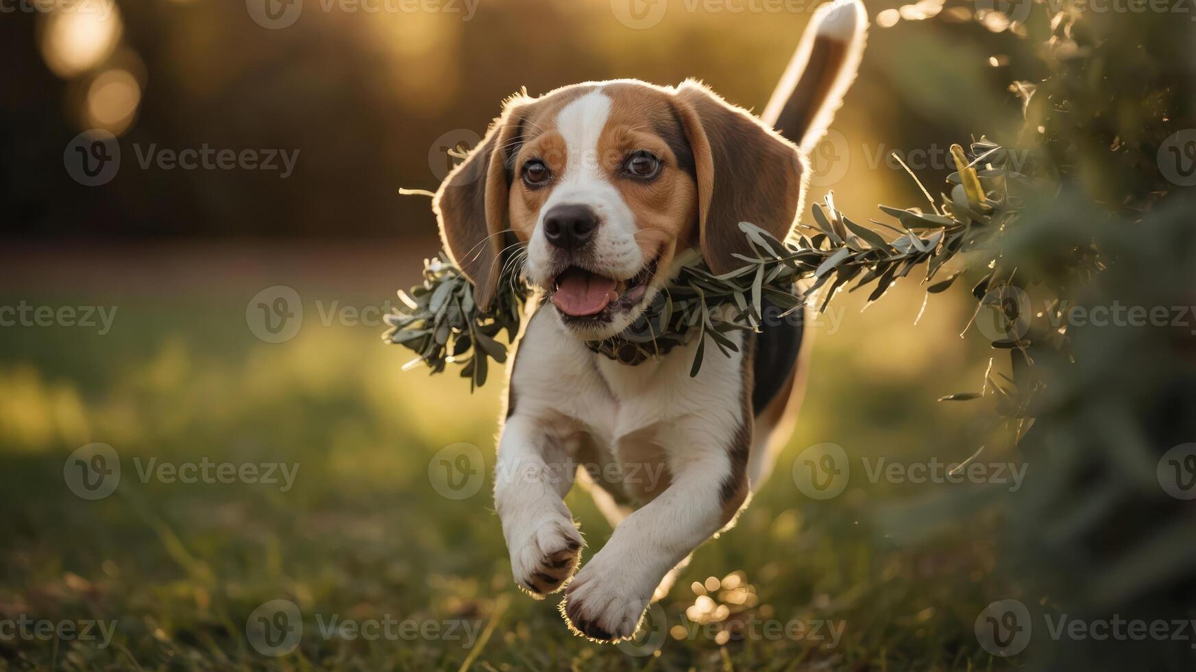 A playful beagle puppy running with a branch in a sunlit outdoor setting. photo