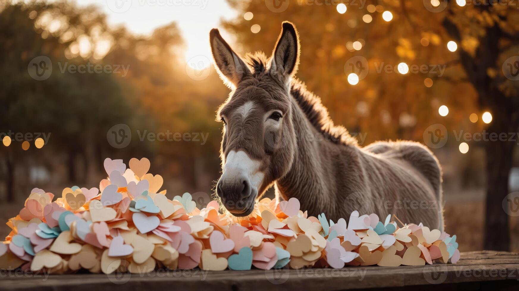 A donkey surrounded by colorful heart-shaped decorations in a warm, autumn setting. photo