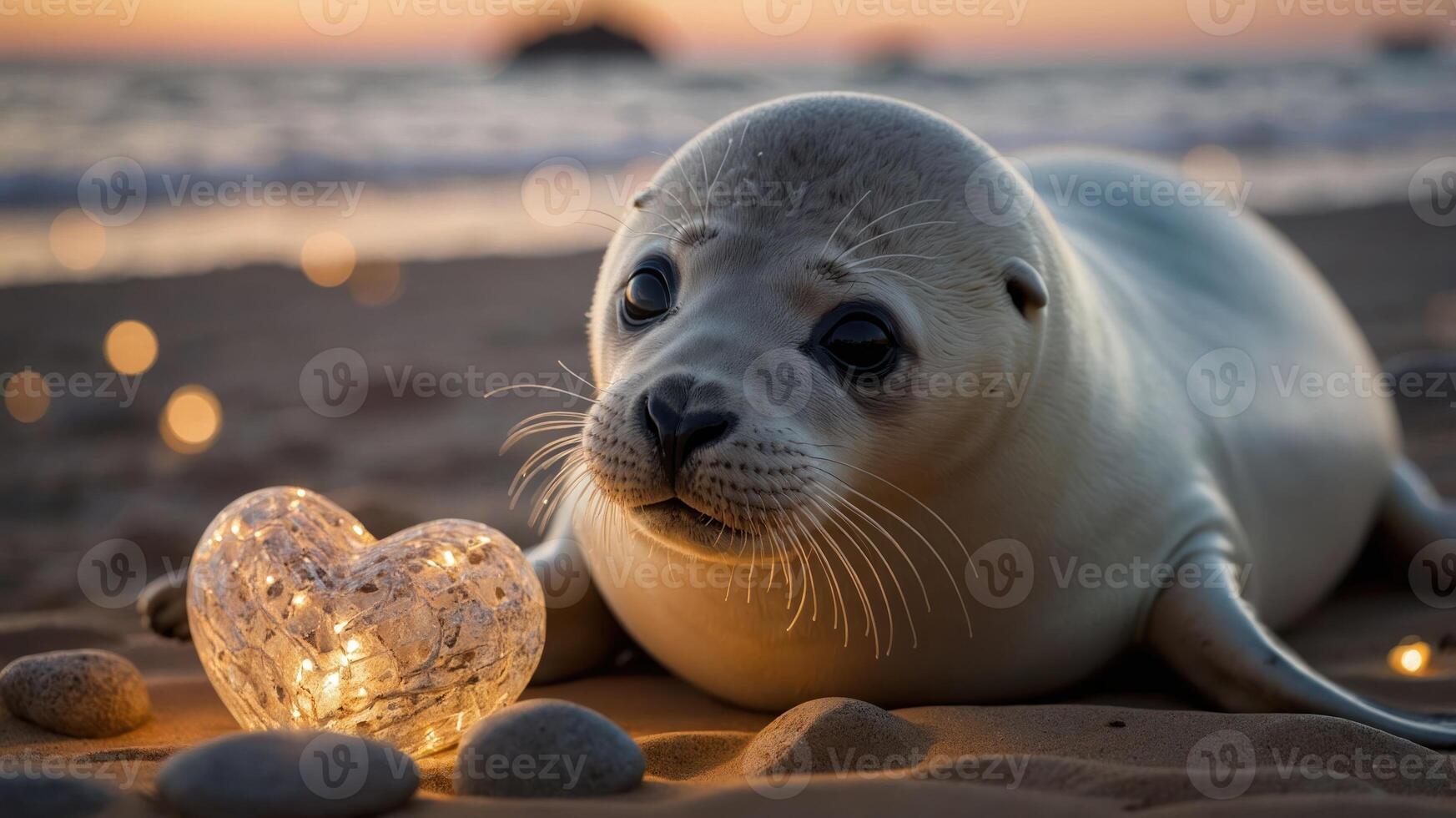 A seal rests on the beach beside a glowing heart-shaped decoration at sunset. photo